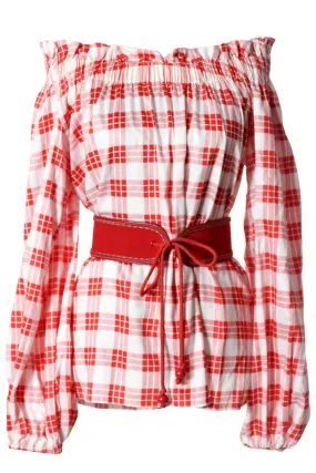 1970's Yves Saint Laurent Red Plaid Vintage Peasant Blouse