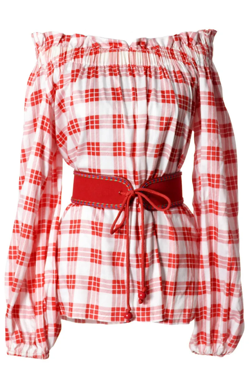 1970's Yves Saint Laurent Red Plaid Vintage Peasant Blouse