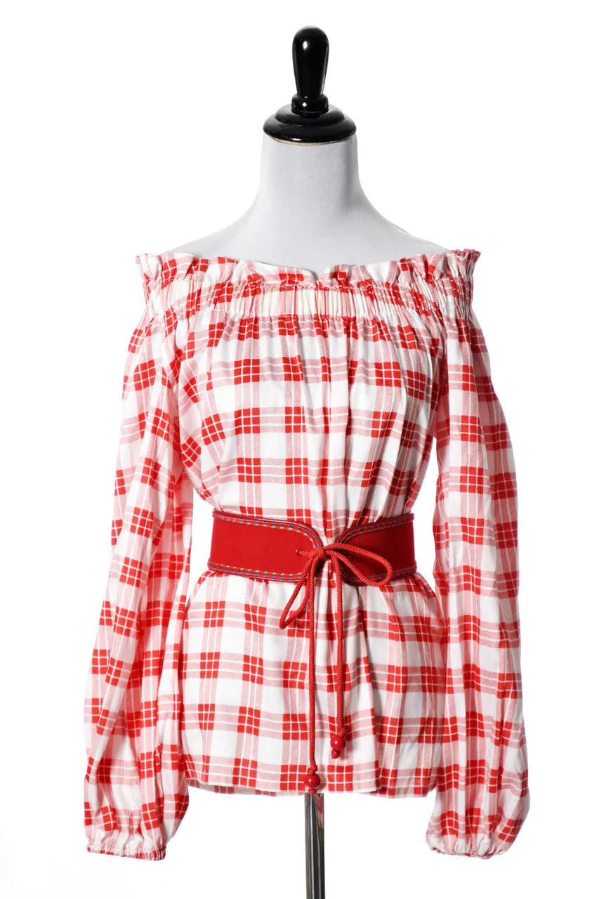 1970's Yves Saint Laurent Red Plaid Vintage Peasant Blouse
