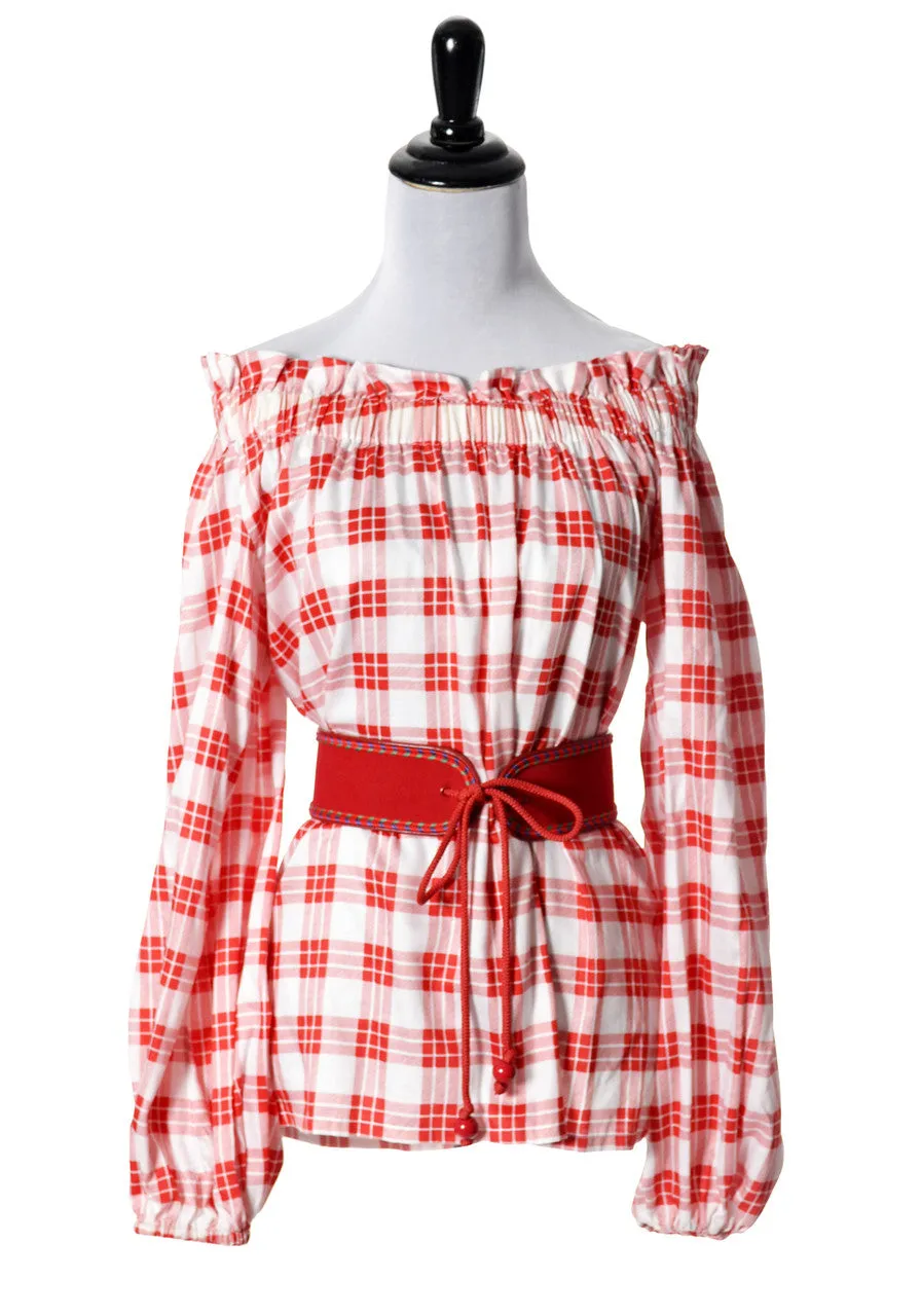 1970's Yves Saint Laurent Red Plaid Vintage Peasant Blouse