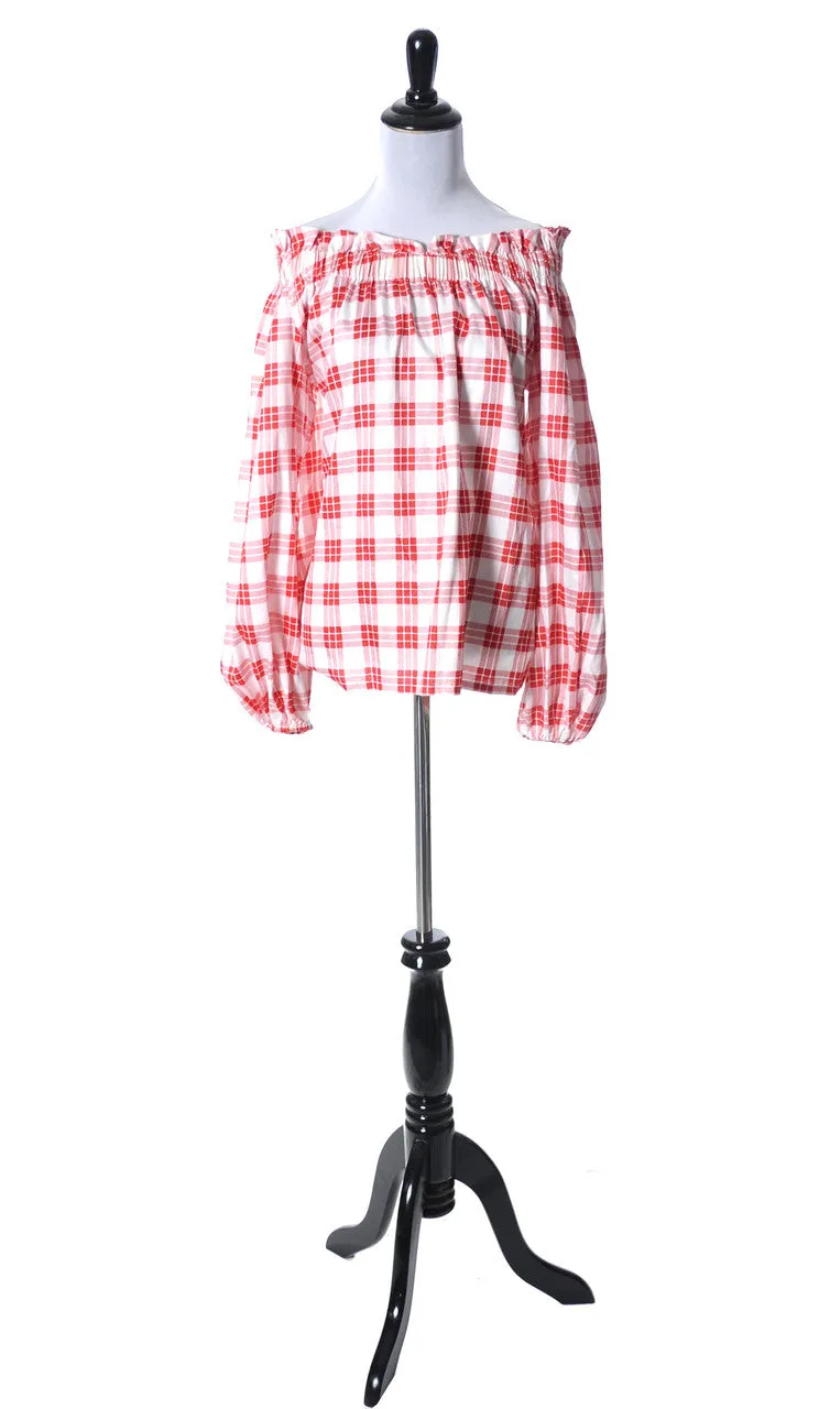 1970's Yves Saint Laurent Red Plaid Vintage Peasant Blouse