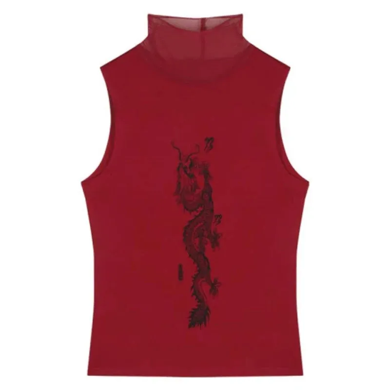Back To School Joskaa Women's Y2K Vintage Gothic Dragon Print Tank Tops Sleeveless Mock Neck Slim Fit Aesthetic Crop Tops Summer T-Shirts