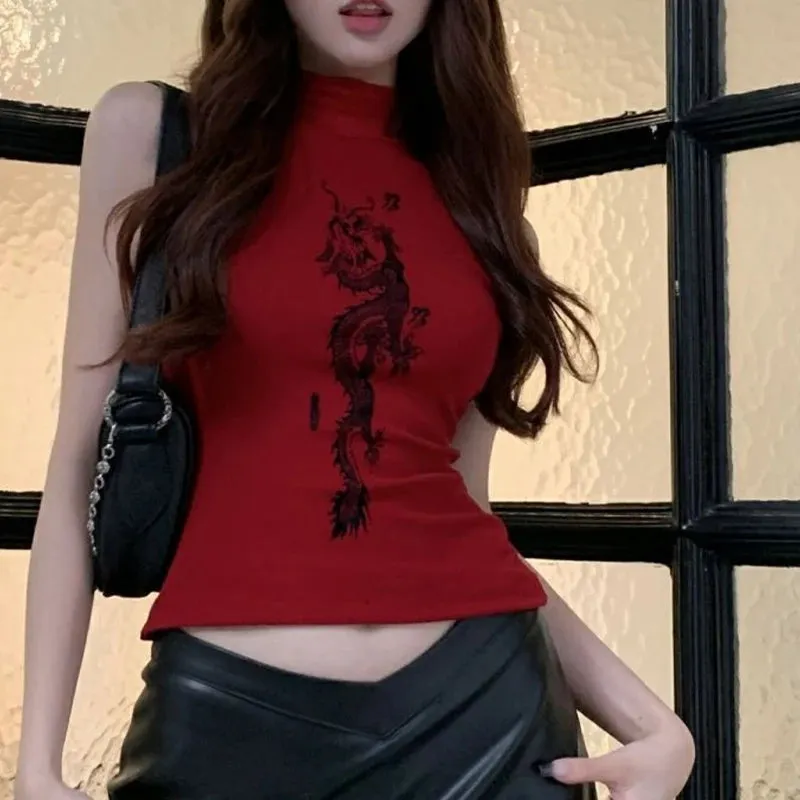 Back To School Joskaa Women's Y2K Vintage Gothic Dragon Print Tank Tops Sleeveless Mock Neck Slim Fit Aesthetic Crop Tops Summer T-Shirts