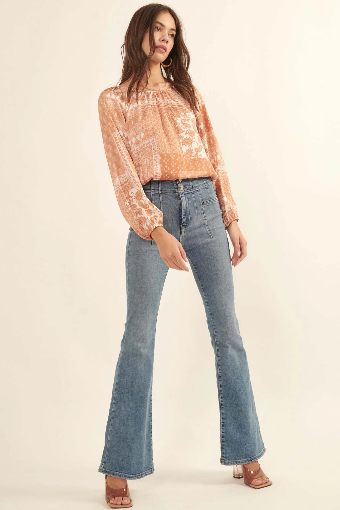 Bandana Split Patchwork-Print Peasant Top