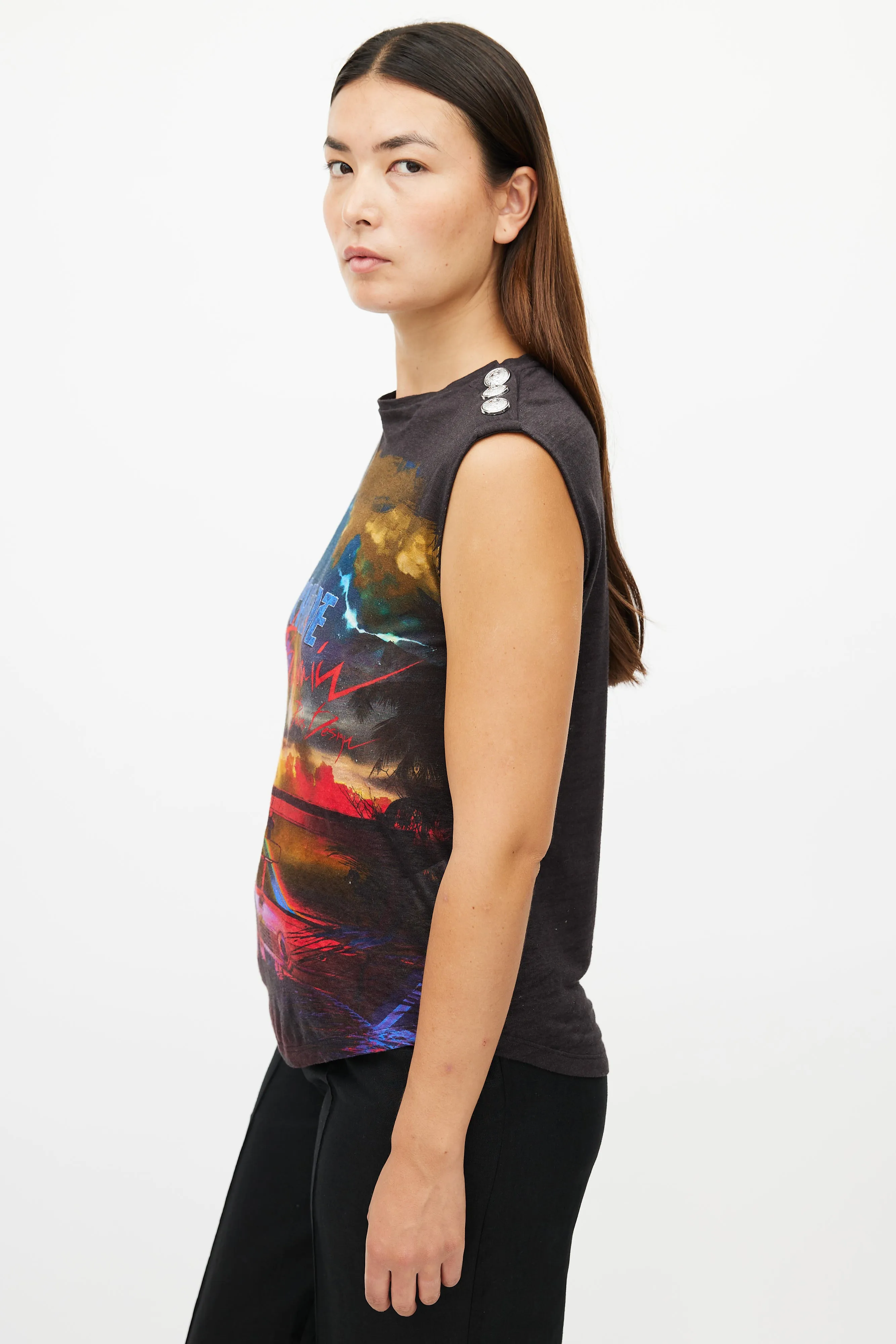 Black & Multi Linen Graphic Tank