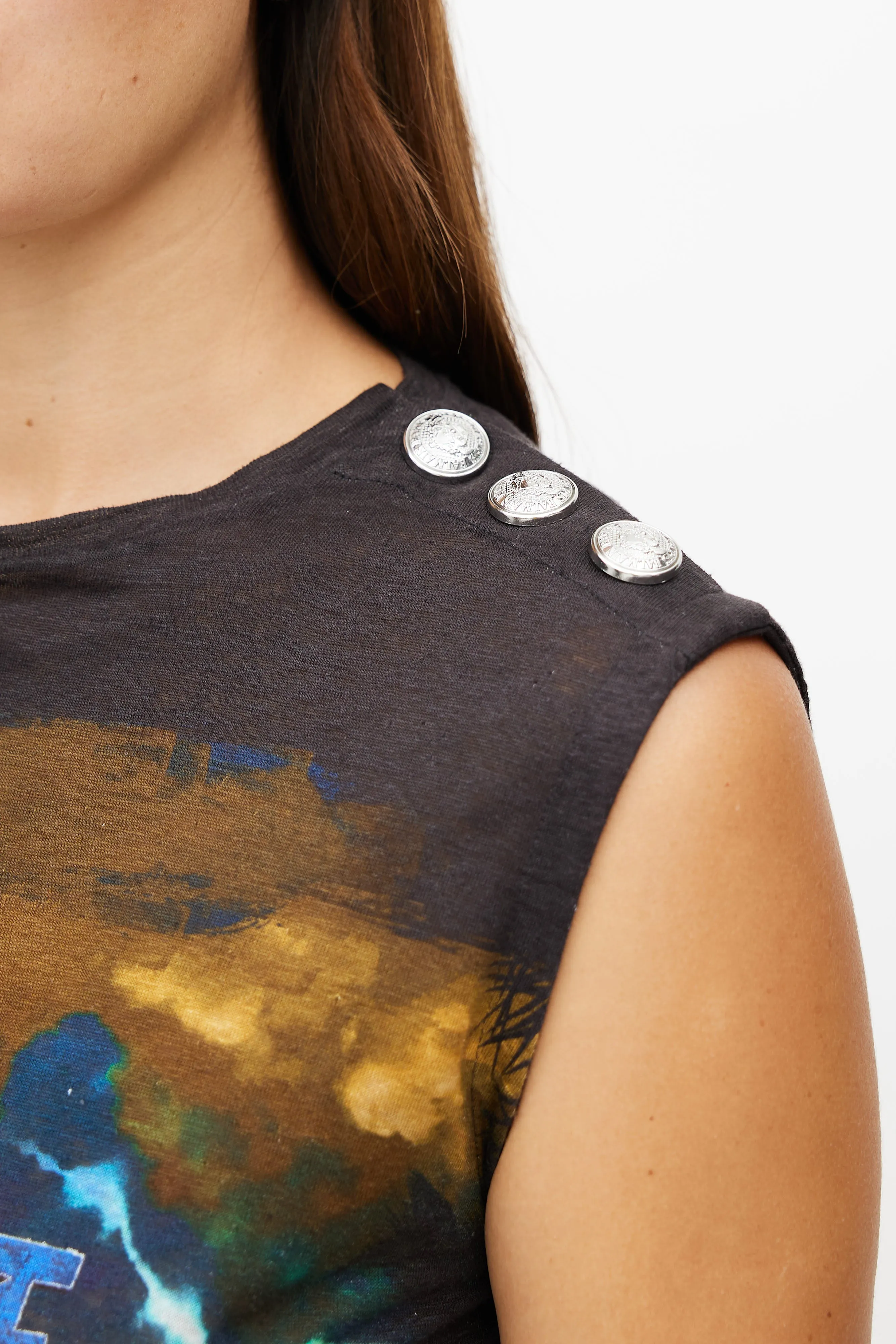 Black & Multi Linen Graphic Tank