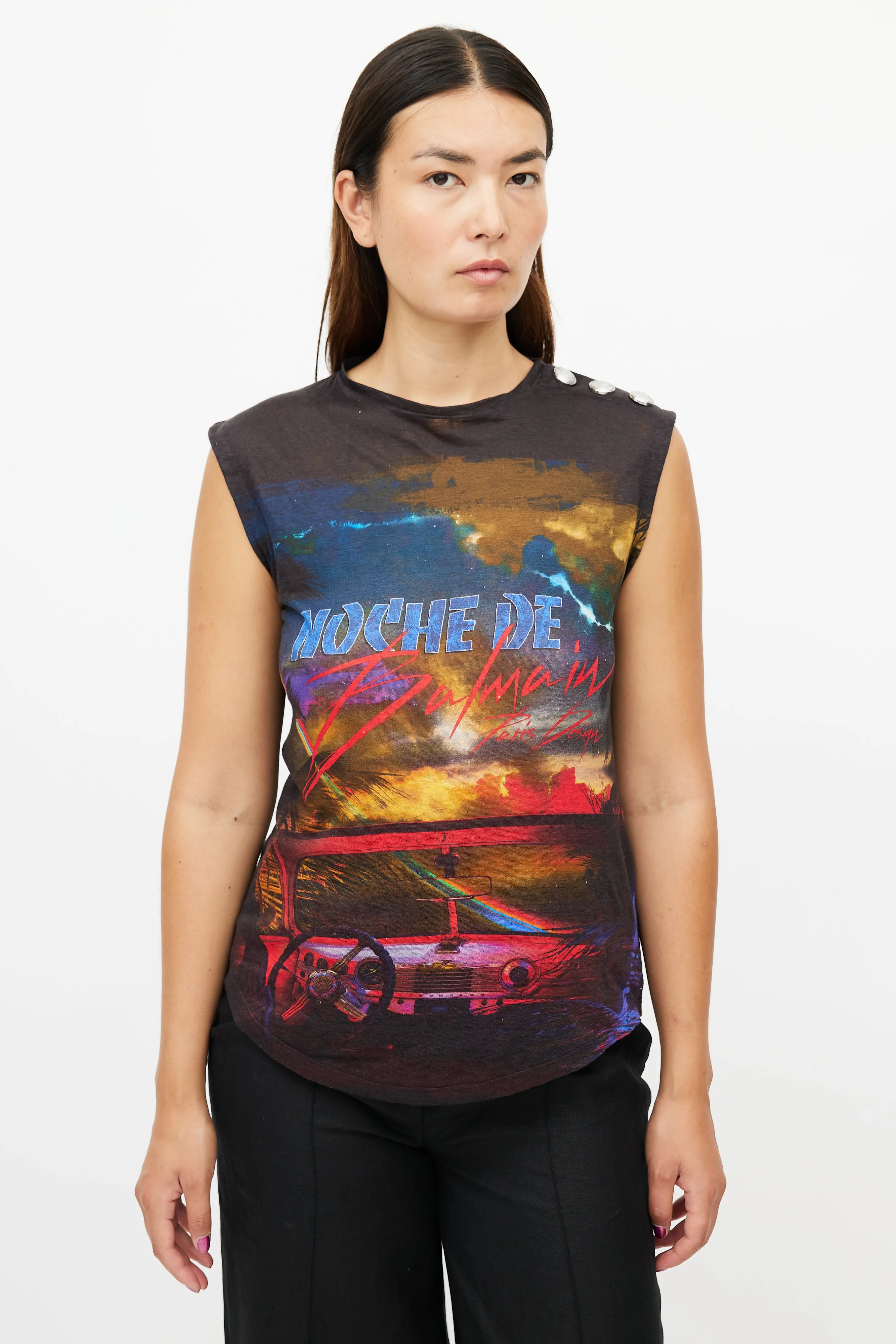 Black & Multi Linen Graphic Tank