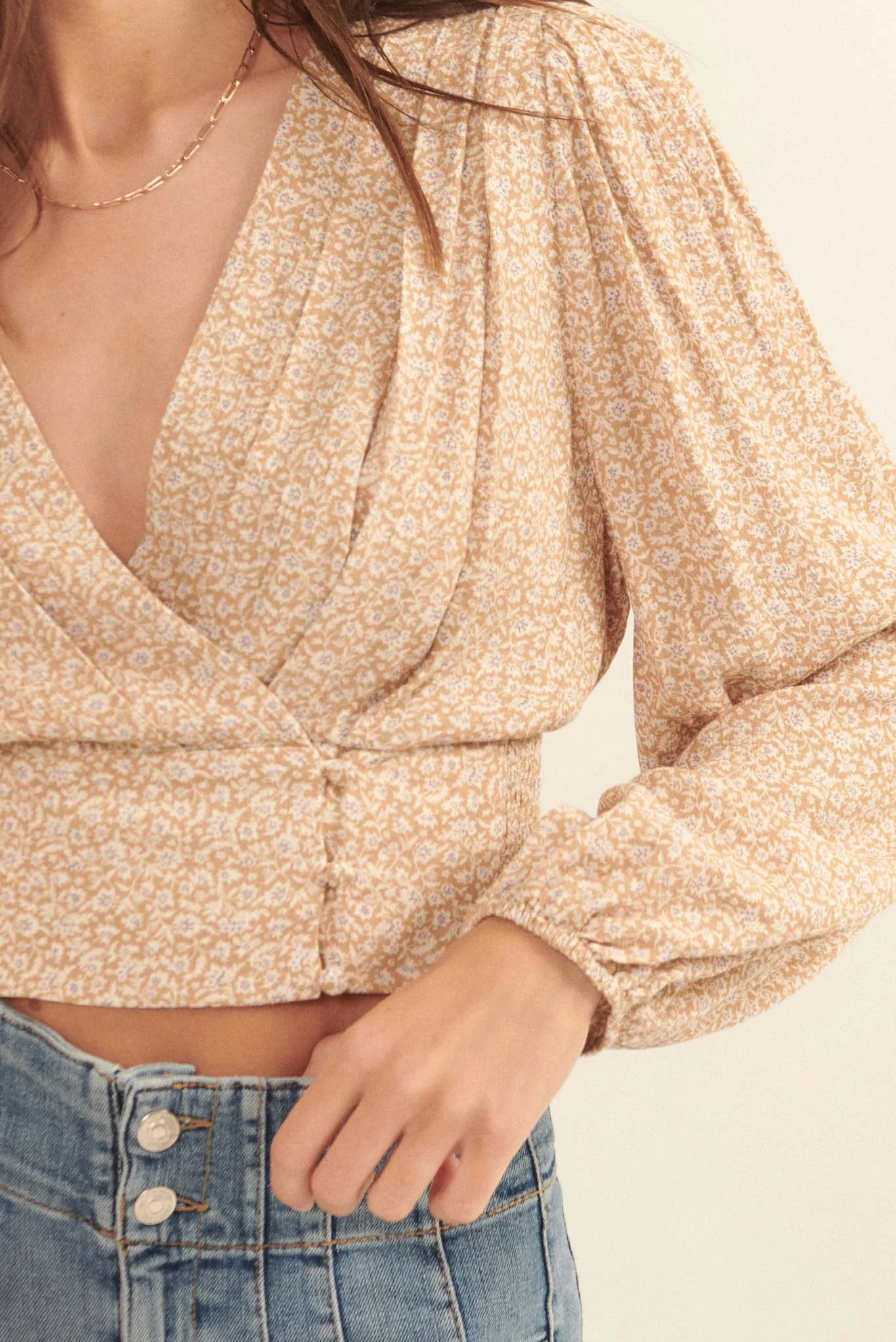 Bloom Me Away Cropped Floral Surplice Wrap Top