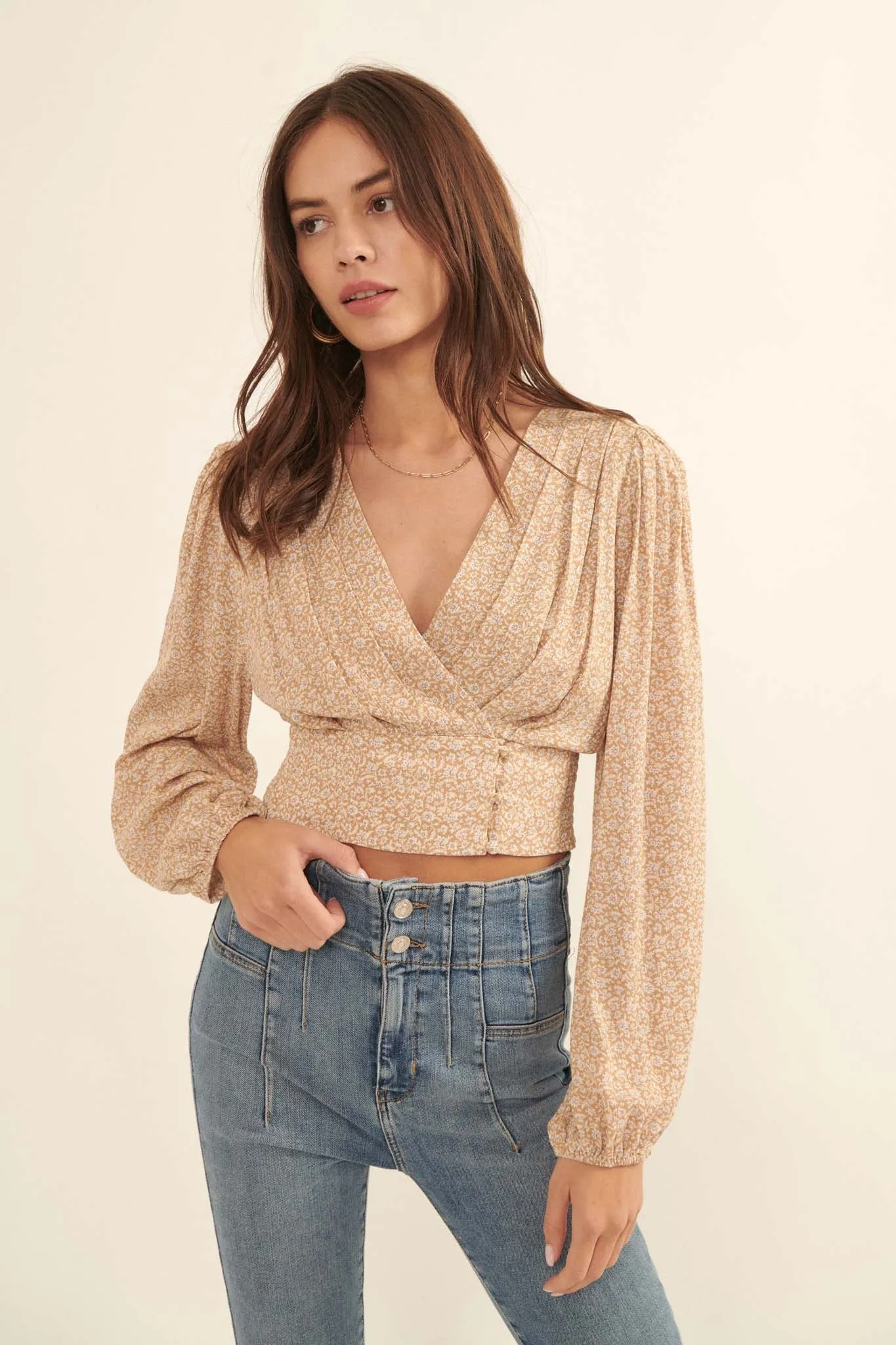 Bloom Me Away Cropped Floral Surplice Wrap Top