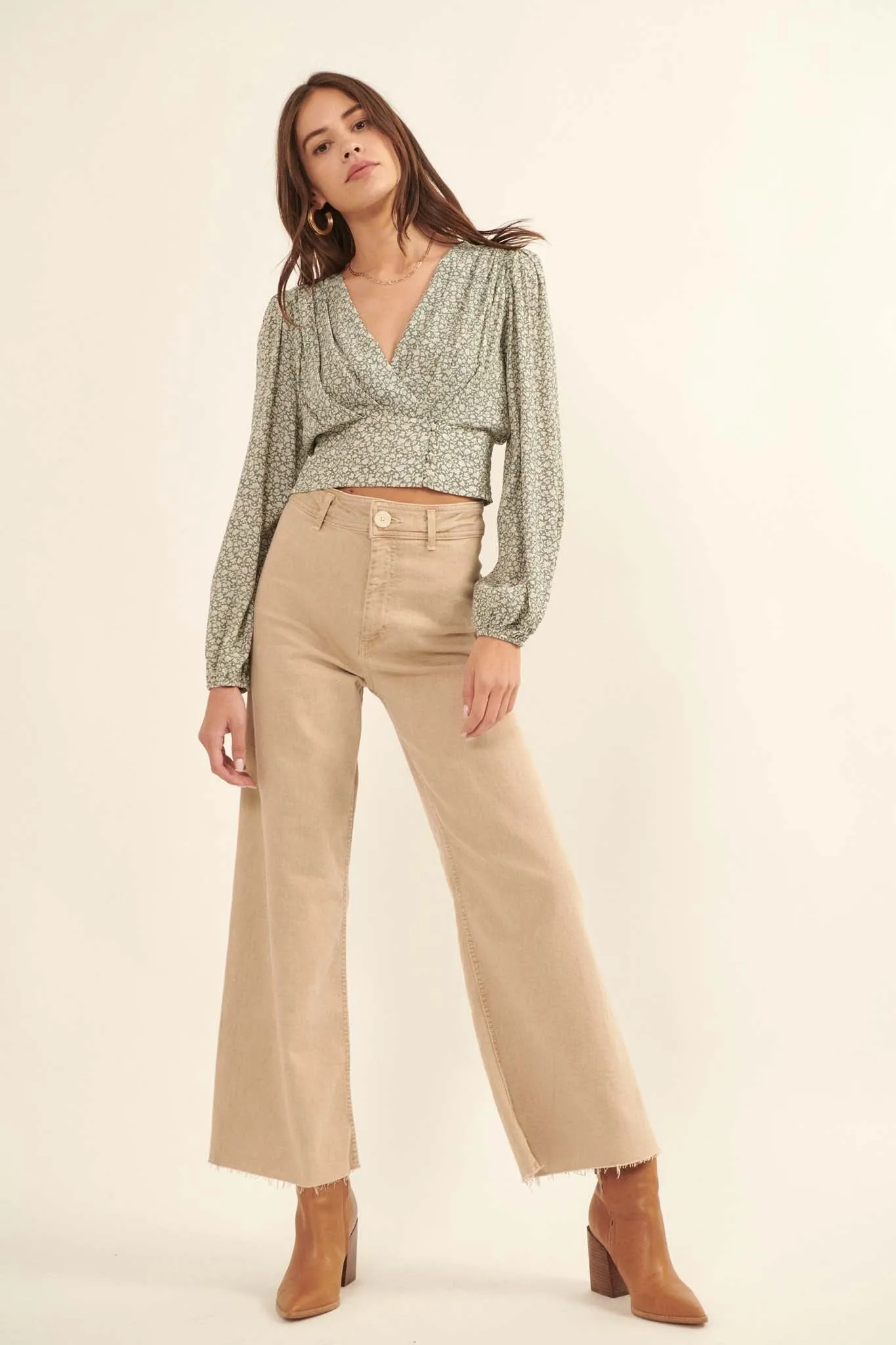 Bloom Me Away Cropped Floral Surplice Wrap Top