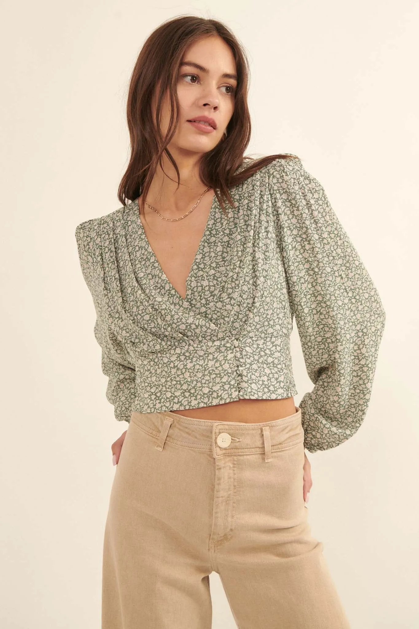 Bloom Me Away Cropped Floral Surplice Wrap Top