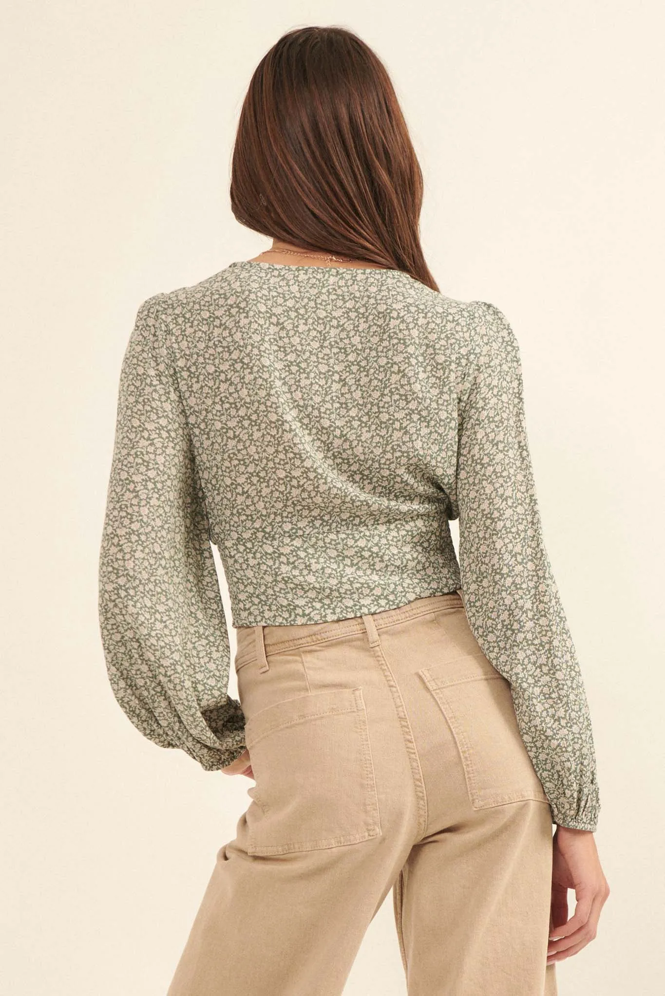 Bloom Me Away Cropped Floral Surplice Wrap Top