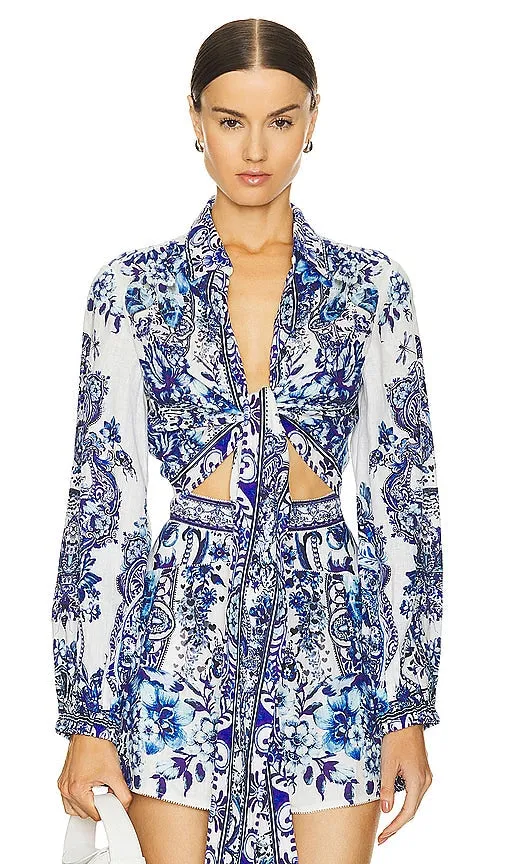 Camilla Cropped Wrap Shirt in Blue