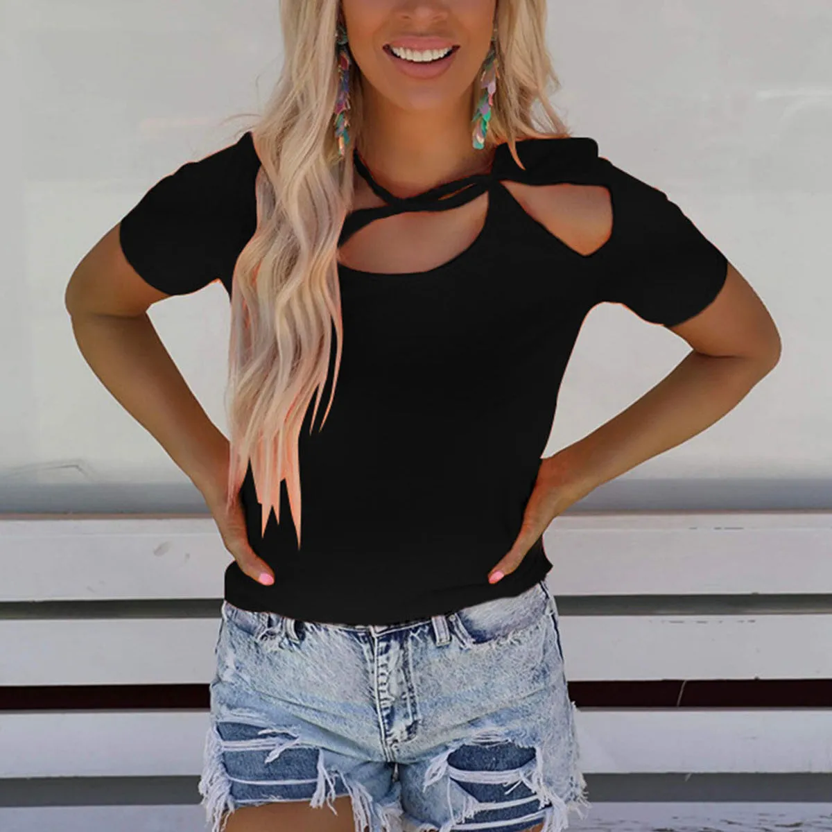Casual Hollow Short-Sleeved Solid Color Round Neck Pullover T-Shirt Wholesale Women'S Top