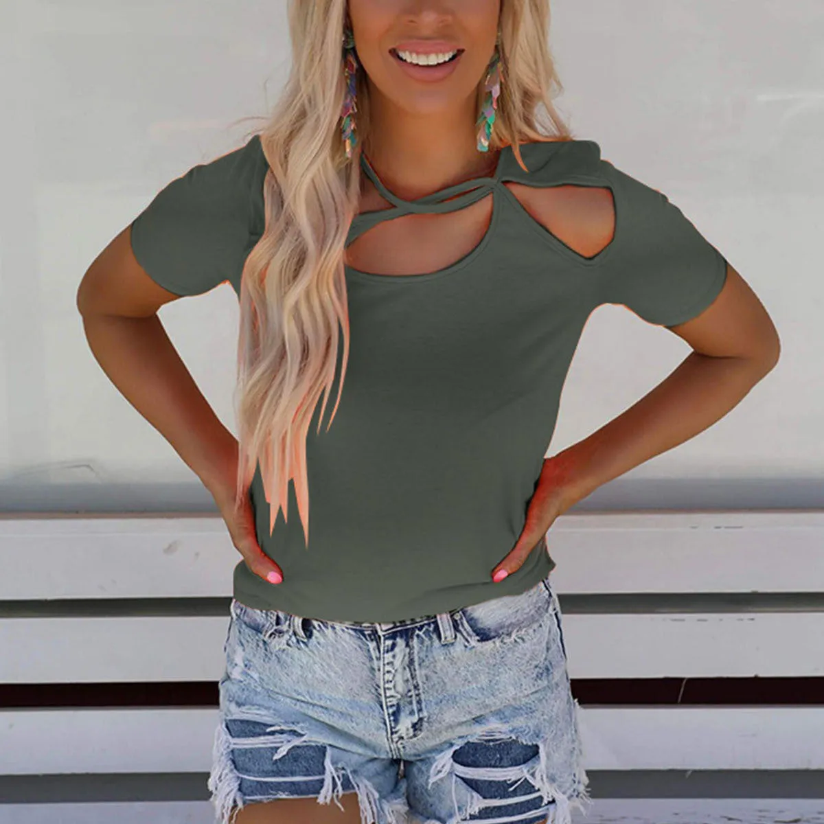 Casual Hollow Short-Sleeved Solid Color Round Neck Pullover T-Shirt Wholesale Women'S Top