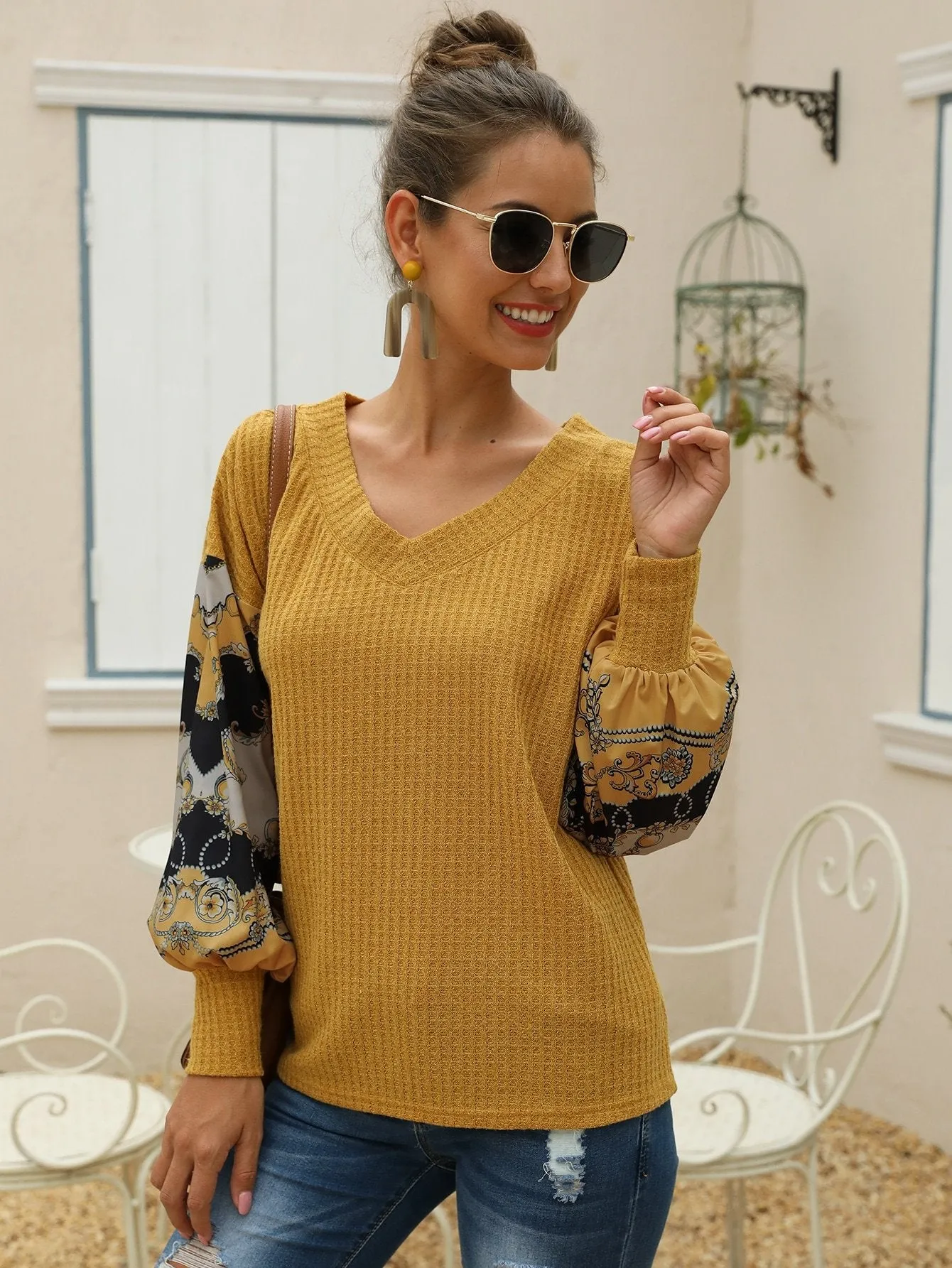 Chain Print Puff Sleeve Waffle Knit Jumper