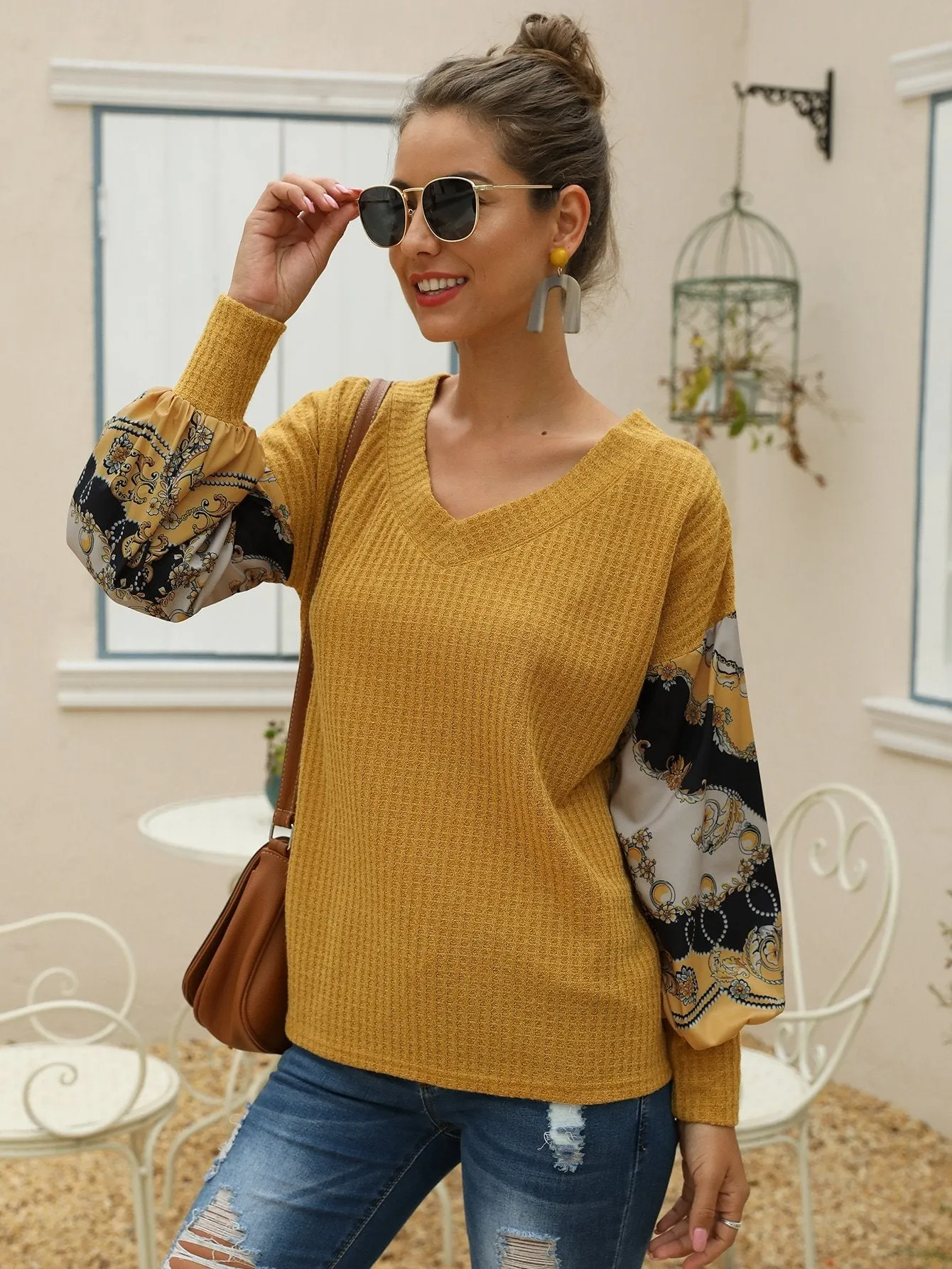 Chain Print Puff Sleeve Waffle Knit Jumper