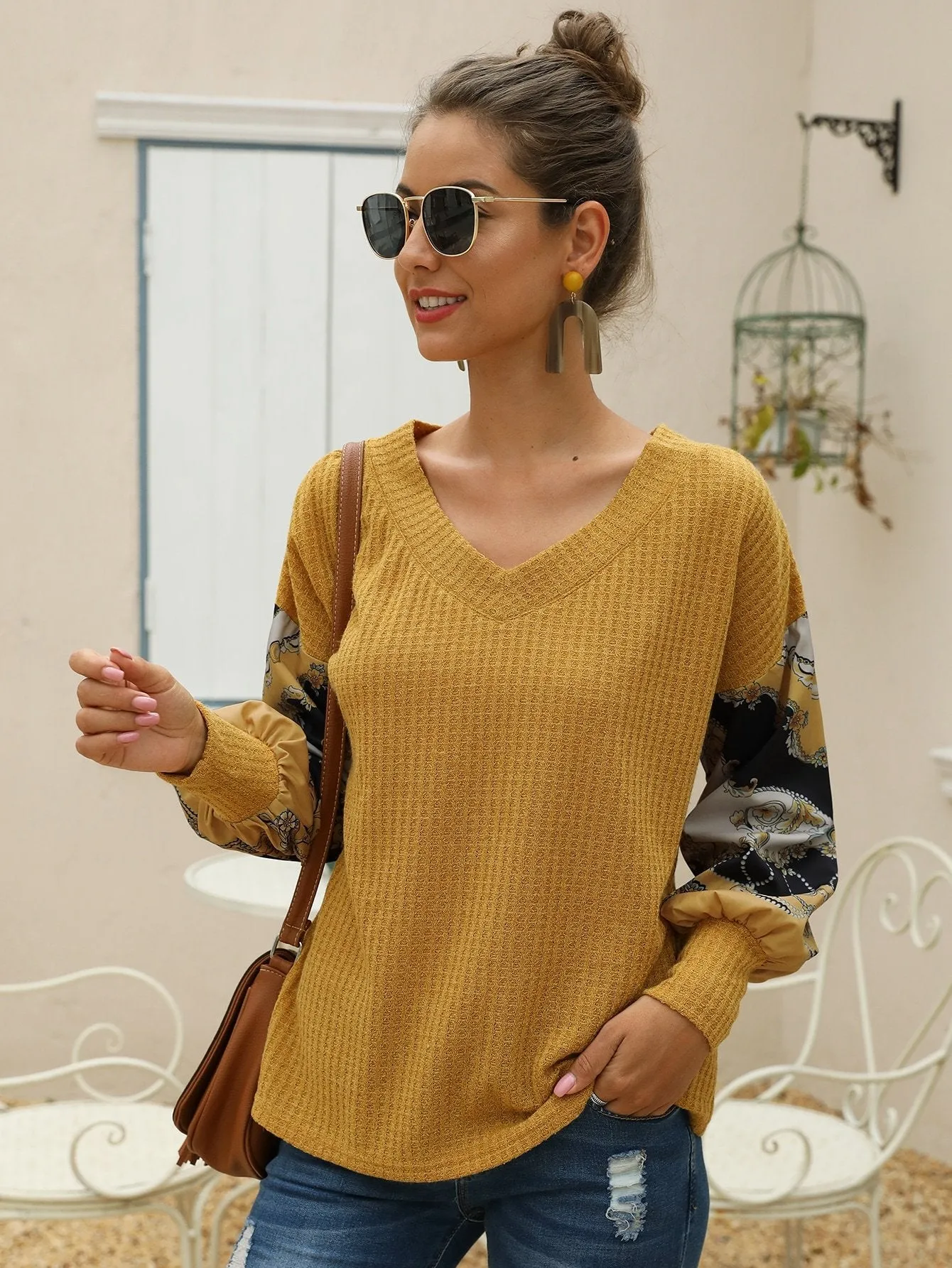 Chain Print Puff Sleeve Waffle Knit Jumper