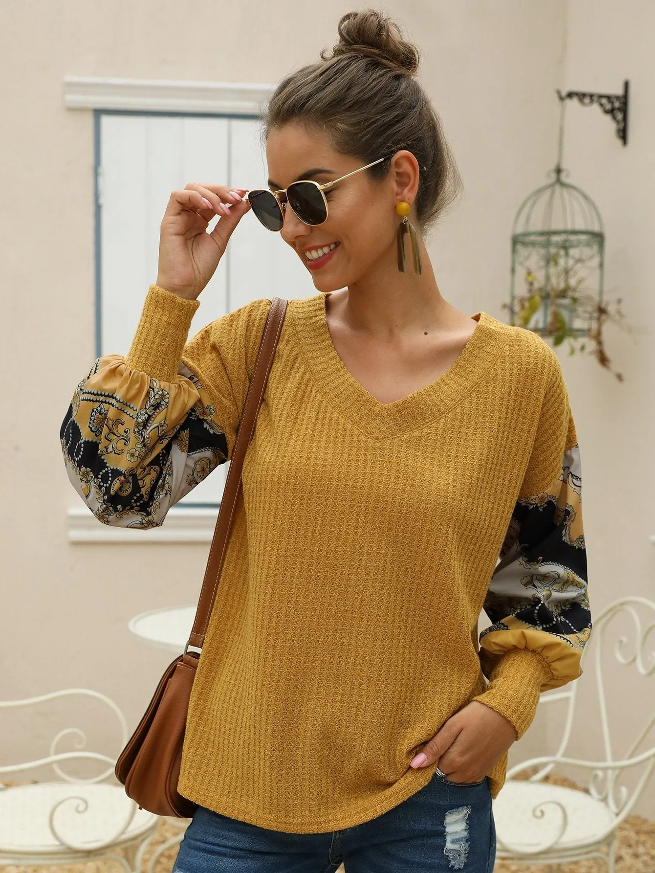 Chain Print Puff Sleeve Waffle Knit Jumper