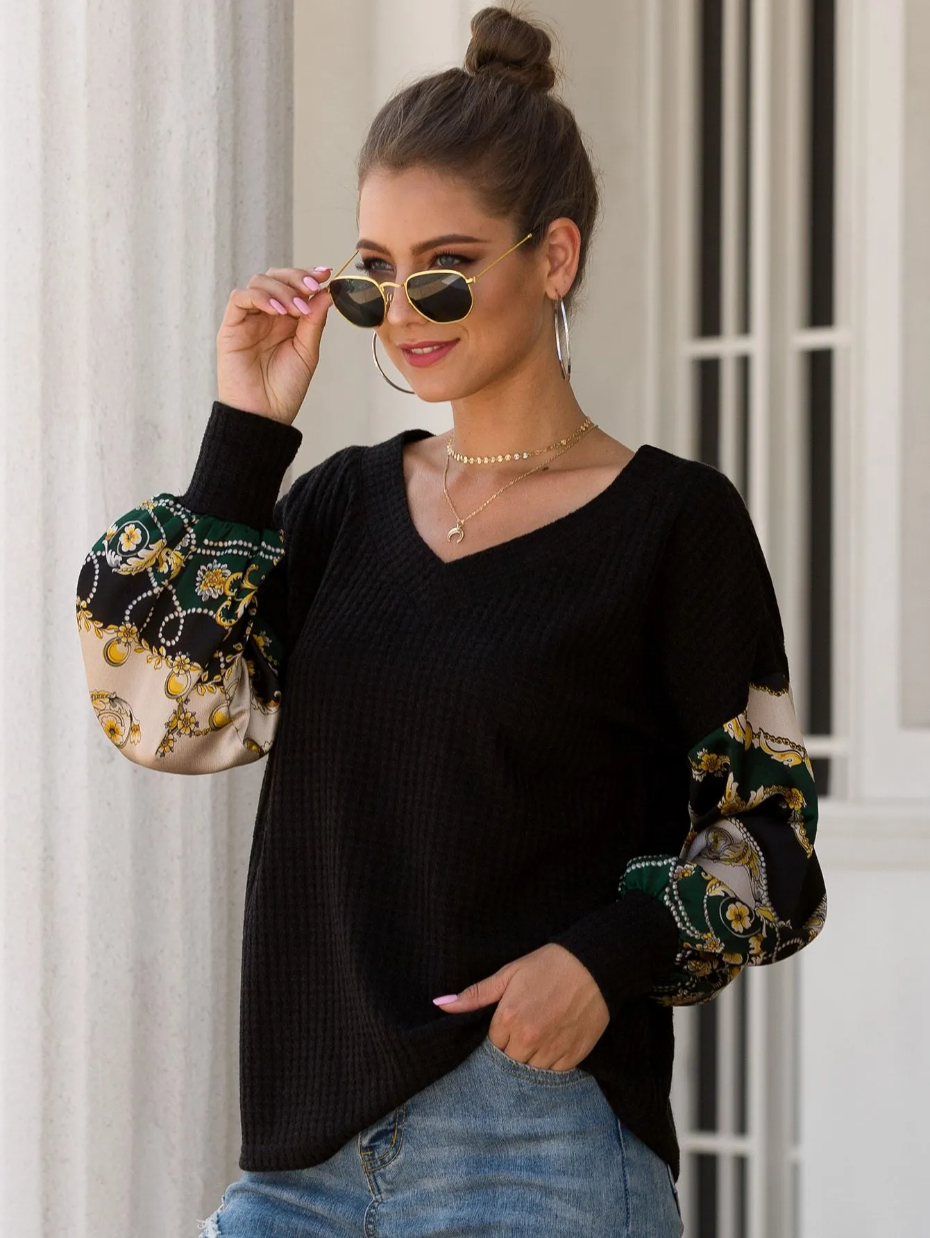Chain Print Puff Sleeve Waffle Knit Jumper