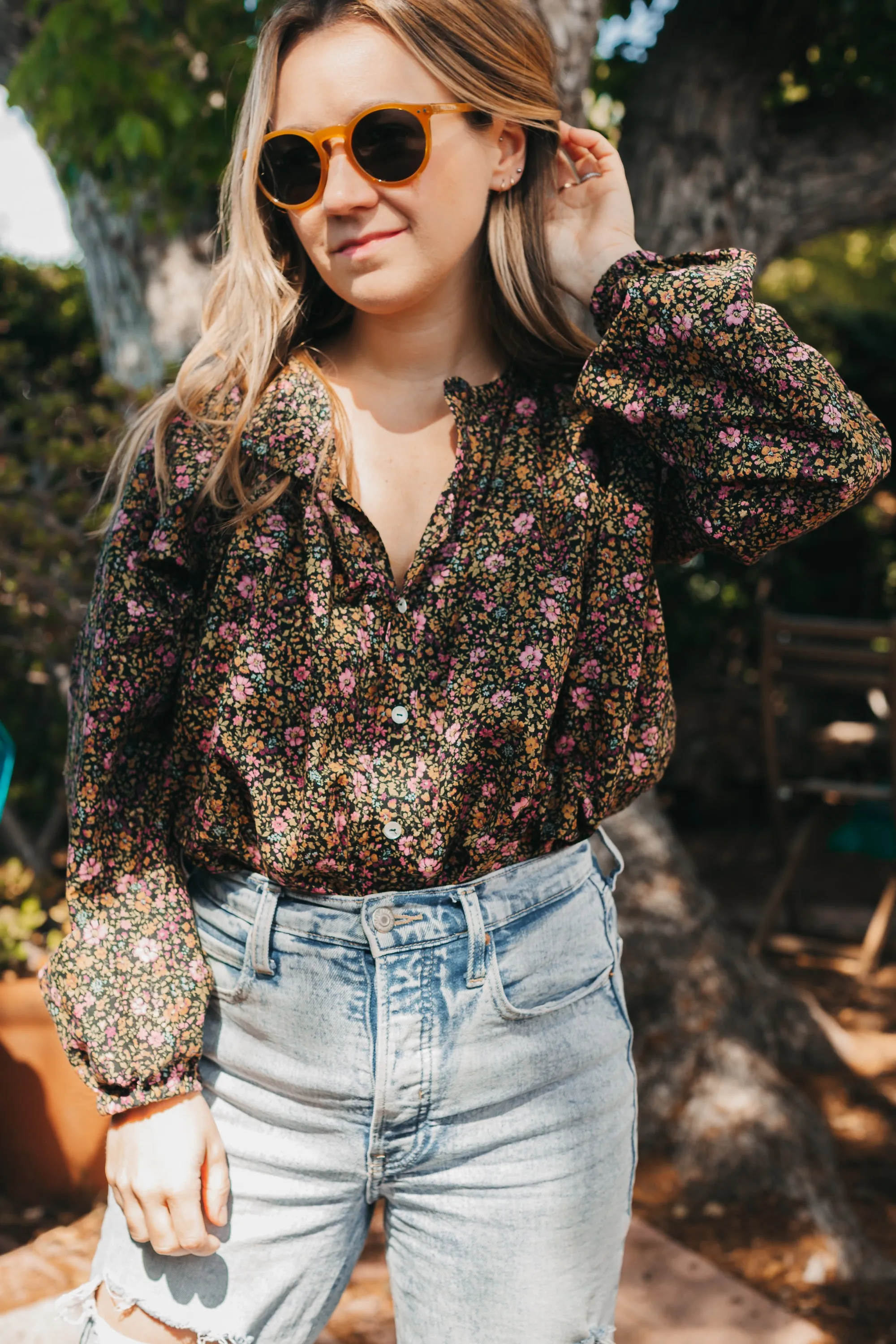 Clive Button Down Blouse - Dark Floral