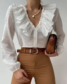 Deanwangkt - Long Sleeve Ruffle Button Down Casual Top