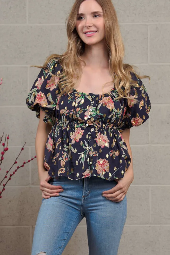 Floral puffed button-down