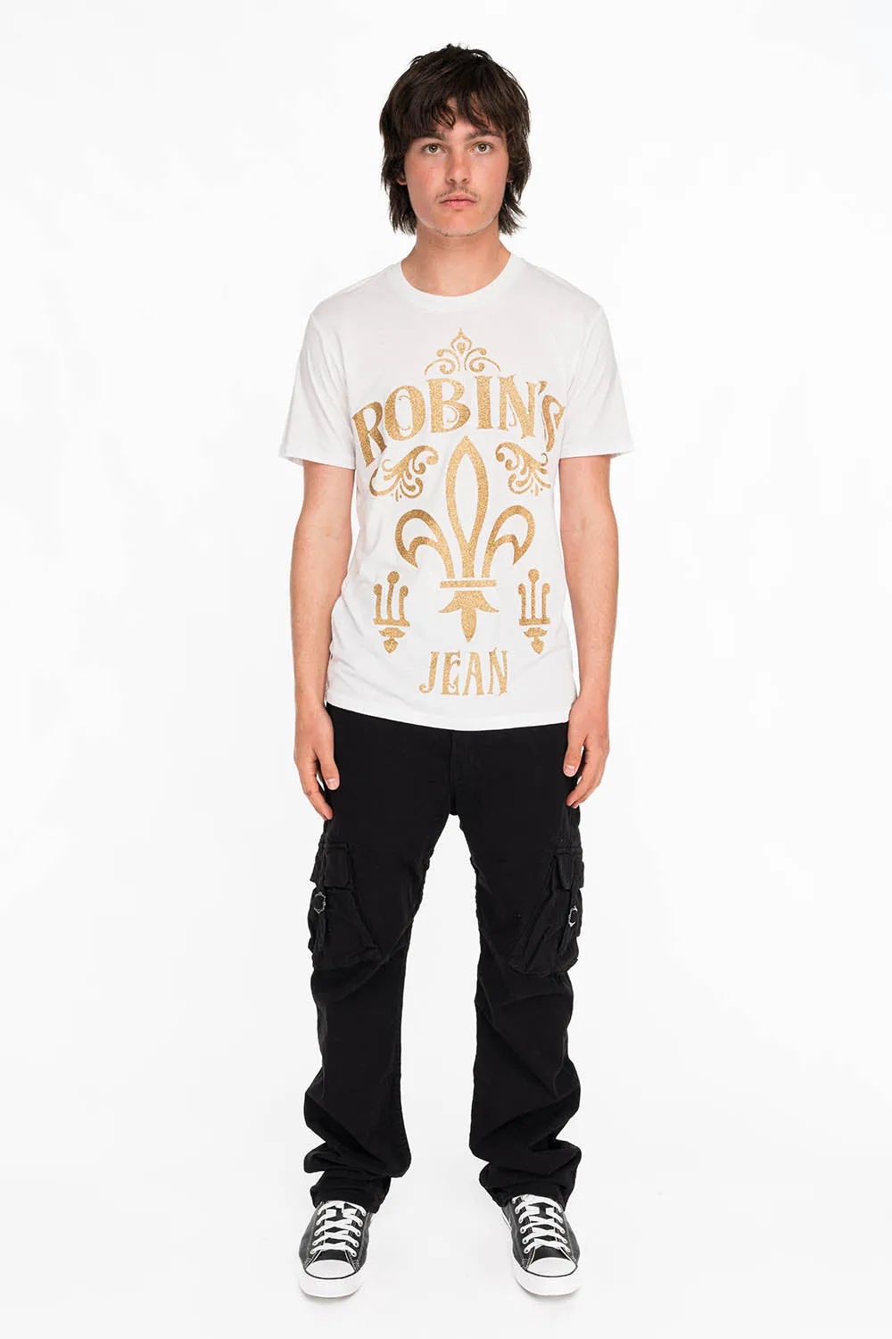 GOLD GLITTER FLEUR TEE IN WHITE