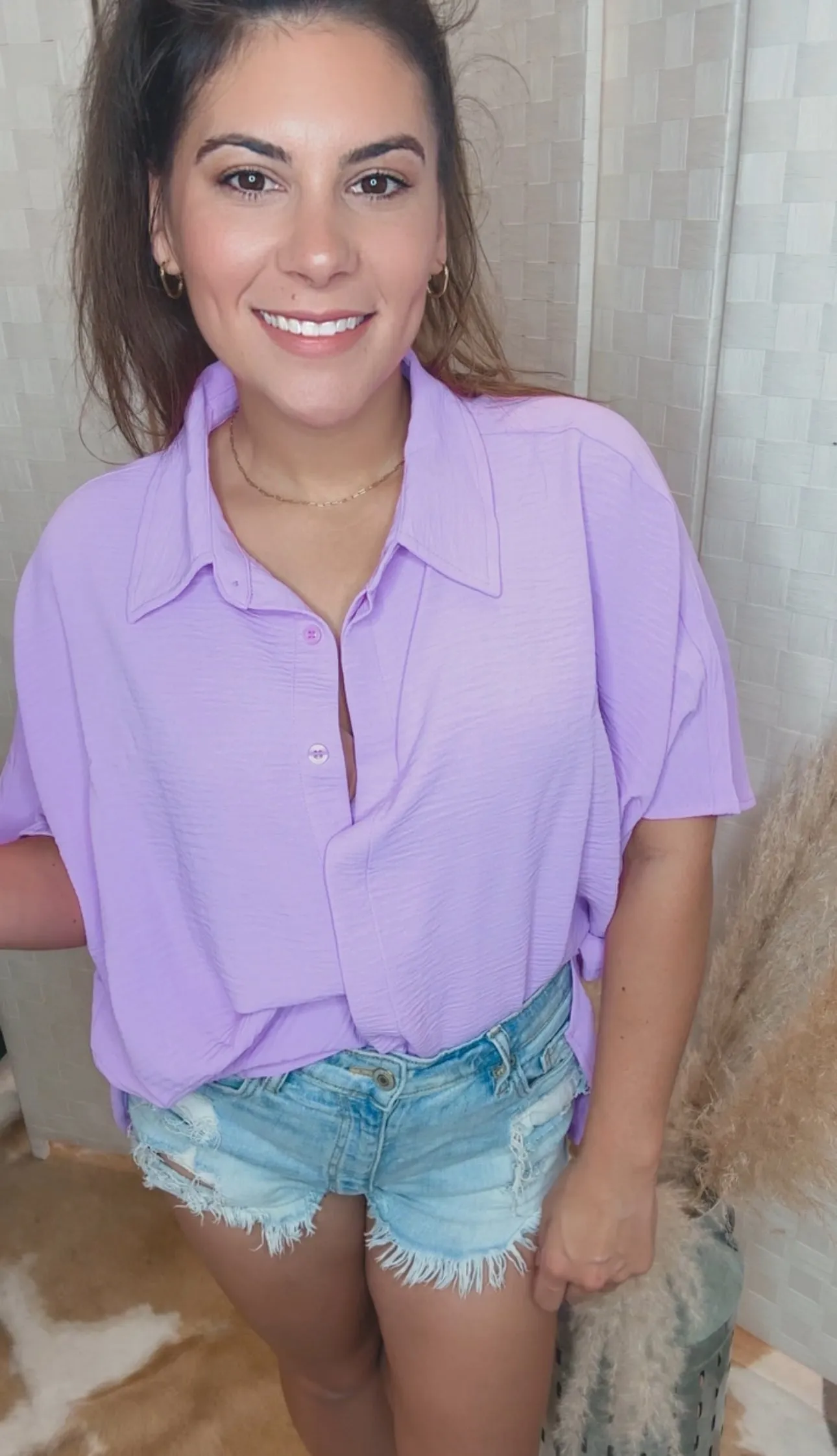 Hear Me Out Texture Button Up Short Sleeve High-Low Shirt