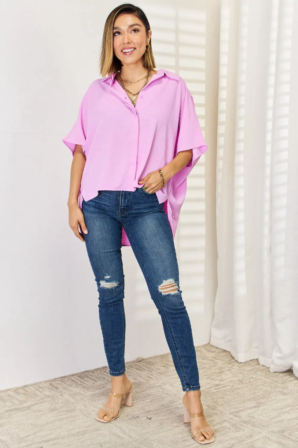 Hear Me Out Texture Button Up Short Sleeve High-Low Shirt