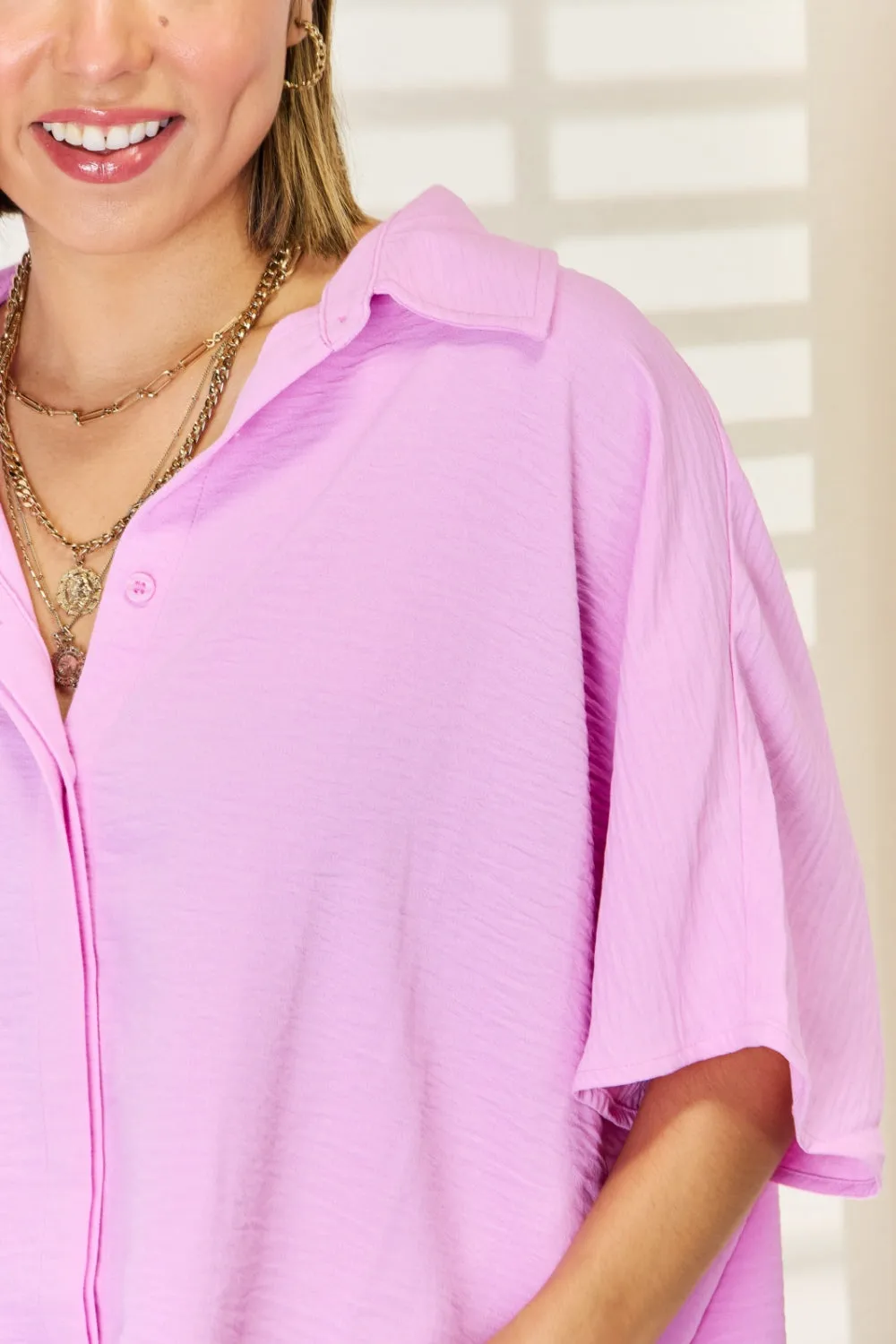 Hear Me Out Texture Button Up Short Sleeve High-Low Shirt