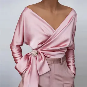 Hnzxzm Shine Blouses Women Lace Up Bow Shiny Wrap Long Sleeves Bare Shoulder Spring Elegant Fashion Ladies Modest Classy Party Bluas