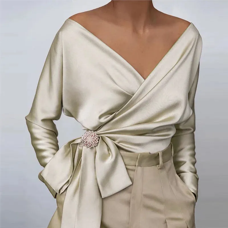 Hnzxzm Shine Blouses Women Lace Up Bow Shiny Wrap Long Sleeves Bare Shoulder Spring Elegant Fashion Ladies Modest Classy Party Bluas