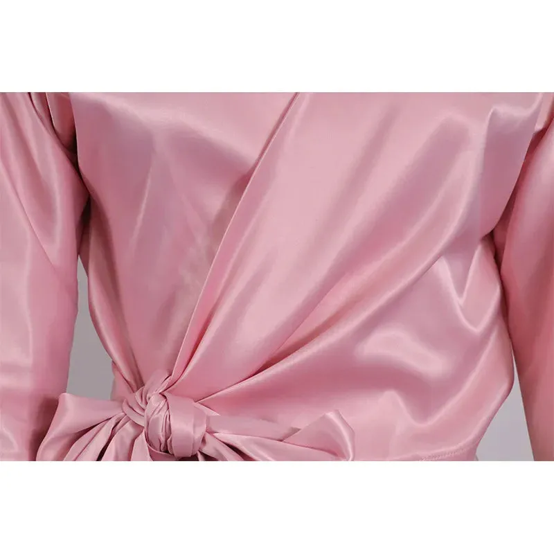 Hnzxzm Shine Blouses Women Lace Up Bow Shiny Wrap Long Sleeves Bare Shoulder Spring Elegant Fashion Ladies Modest Classy Party Bluas