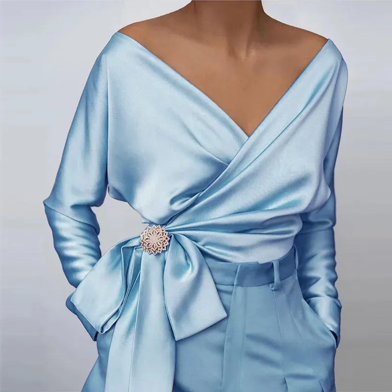 Hnzxzm Shine Blouses Women Lace Up Bow Shiny Wrap Long Sleeves Bare Shoulder Spring Elegant Fashion Ladies Modest Classy Party Bluas