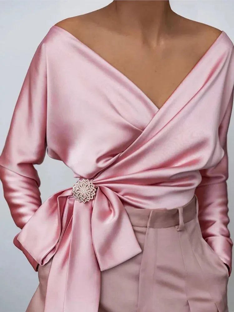 Hnzxzm Shine Blouses Women Lace Up Bow Shiny Wrap Long Sleeves Bare Shoulder Spring Elegant Fashion Ladies Modest Classy Party Bluas