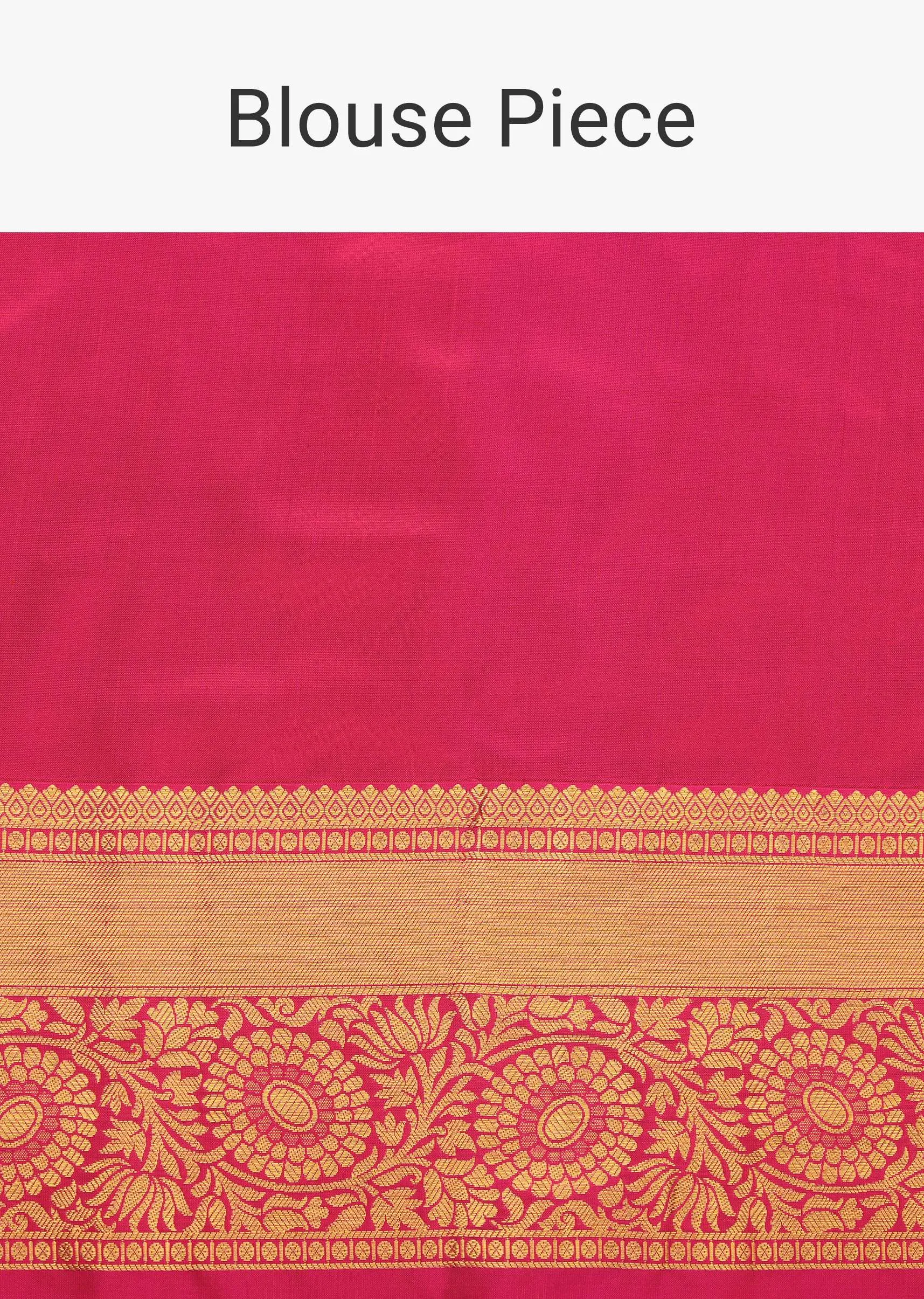 Honey Yellow Woven Silk Kanjivaram Saree With Hot Pink Border And Unstitched Blouse