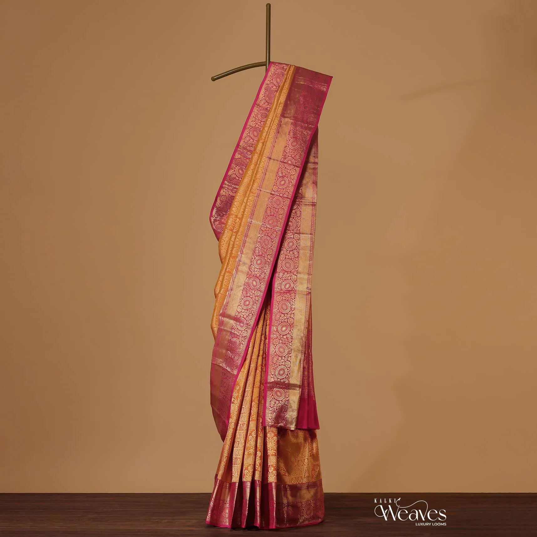 Honey Yellow Woven Silk Kanjivaram Saree With Hot Pink Border And Unstitched Blouse