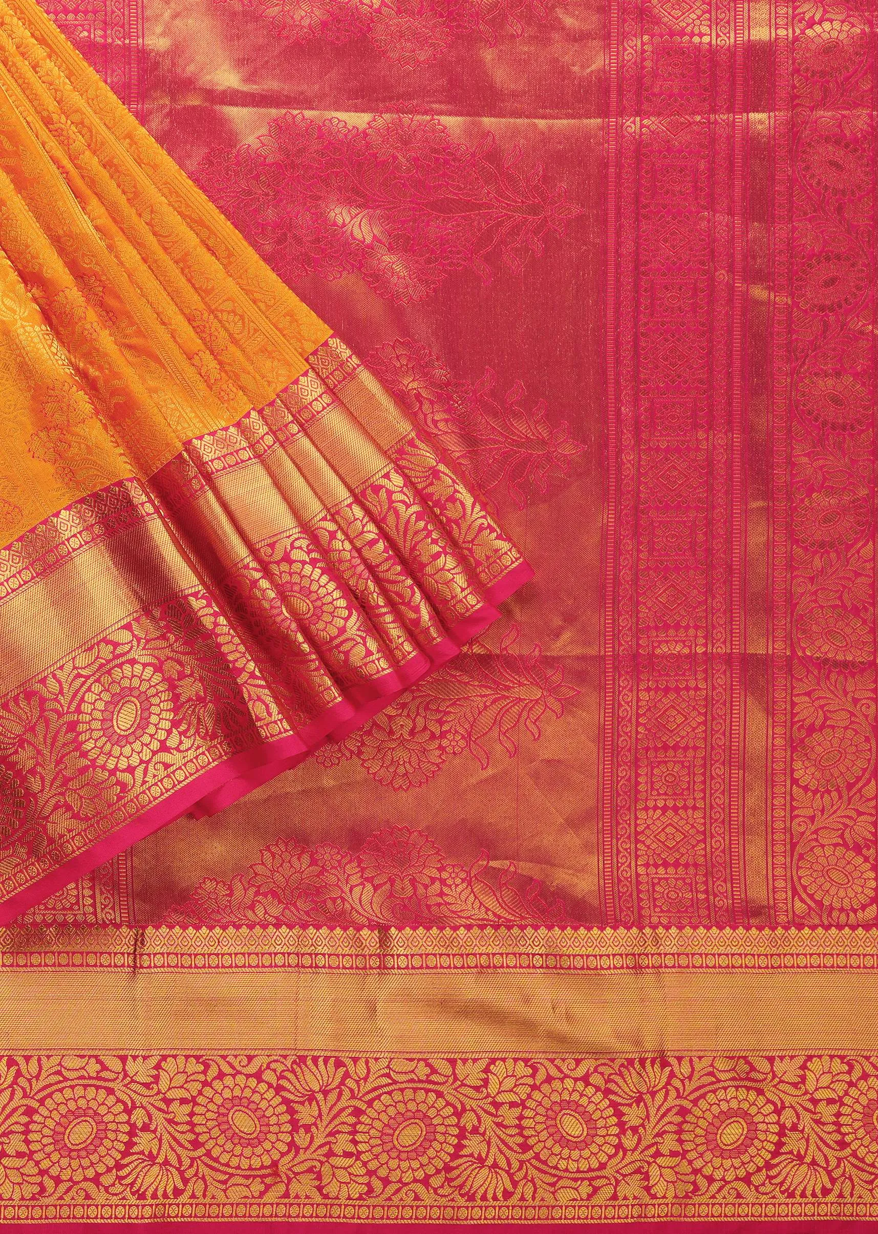 Honey Yellow Woven Silk Kanjivaram Saree With Hot Pink Border And Unstitched Blouse