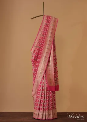 Hot Pink Handloom Saree In Khaadi Georgette With Unstitched Blouse