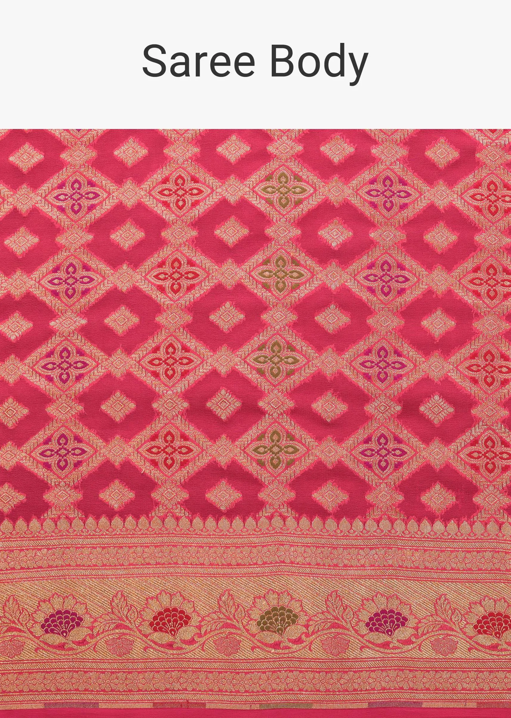 Hot Pink Handloom Saree In Khaadi Georgette With Unstitched Blouse