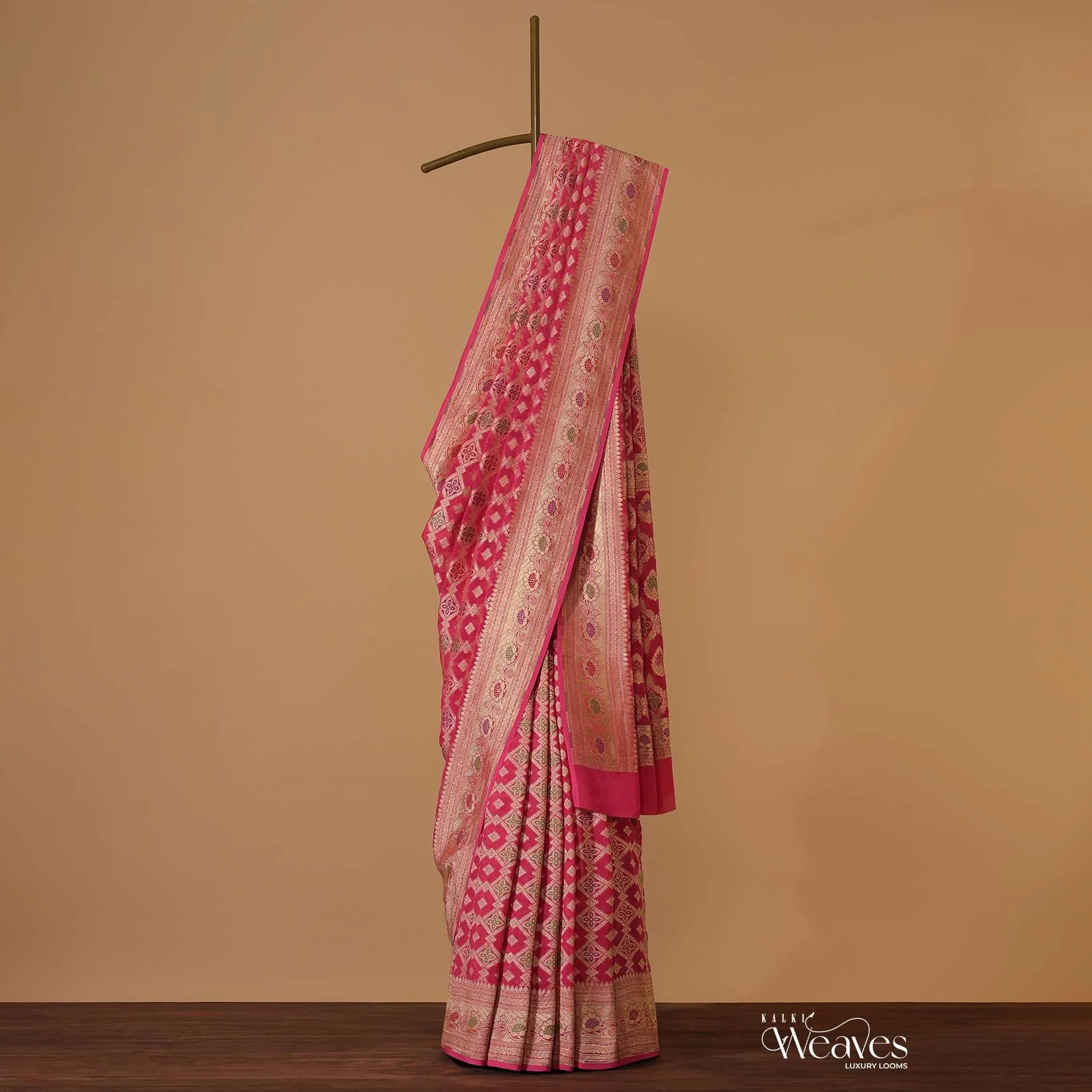 Hot Pink Handloom Saree In Khaadi Georgette With Unstitched Blouse