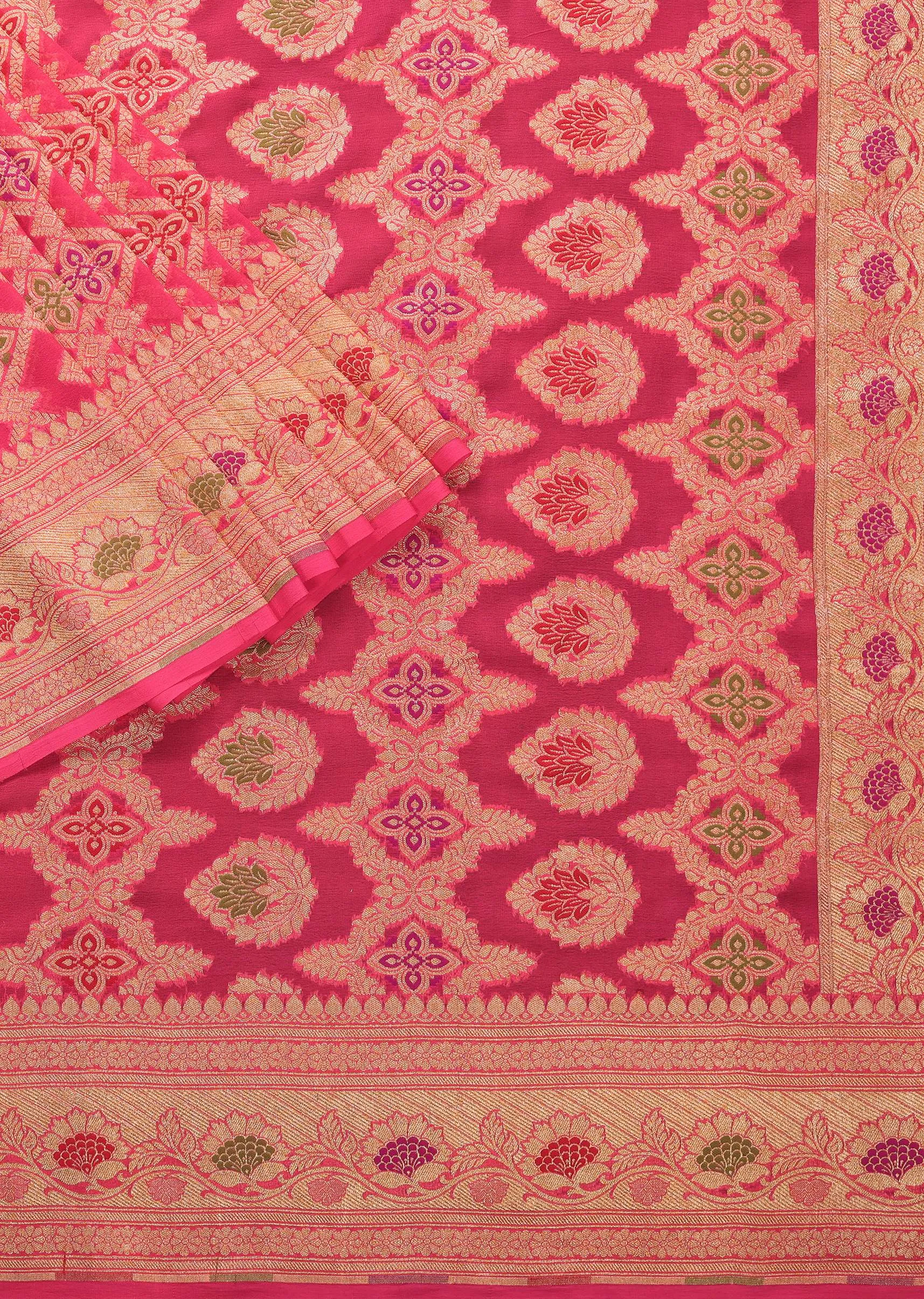 Hot Pink Handloom Saree In Khaadi Georgette With Unstitched Blouse