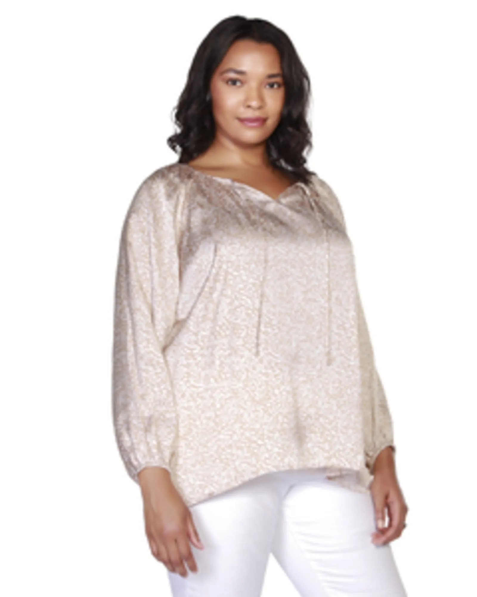 Kylie Printed Tie-Neck Top | Coconut Cream/White