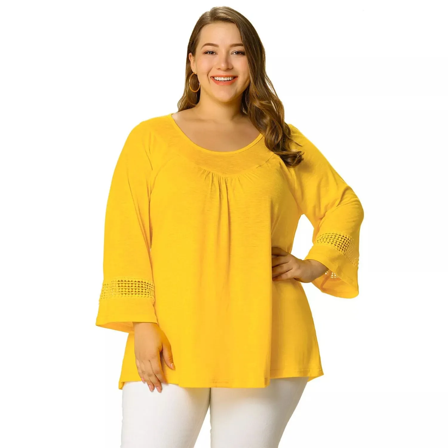 Large size women's kimono, crocheted Long Sleeve Peasant Blouse Dressy Casual Top Agnes Orinda yellow