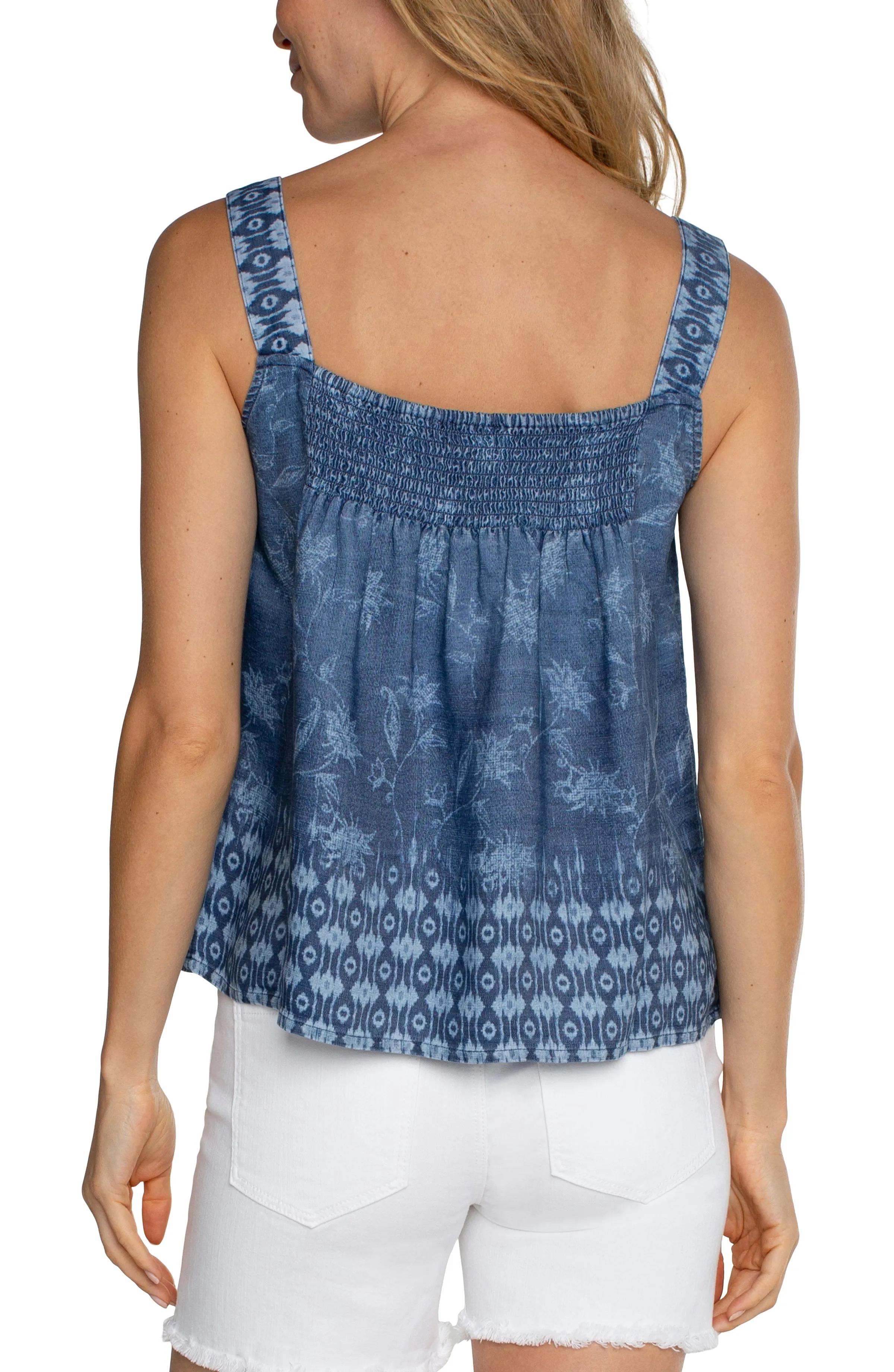 Liverpool Sleeveless V-Neck Easy Fit Tank with Smocking (Indigo Floral)