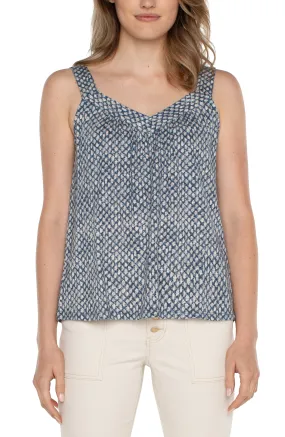 Liverpool Sleeveless V-Neck Easy Fit Tank with Smocking (Navy Text Dots)