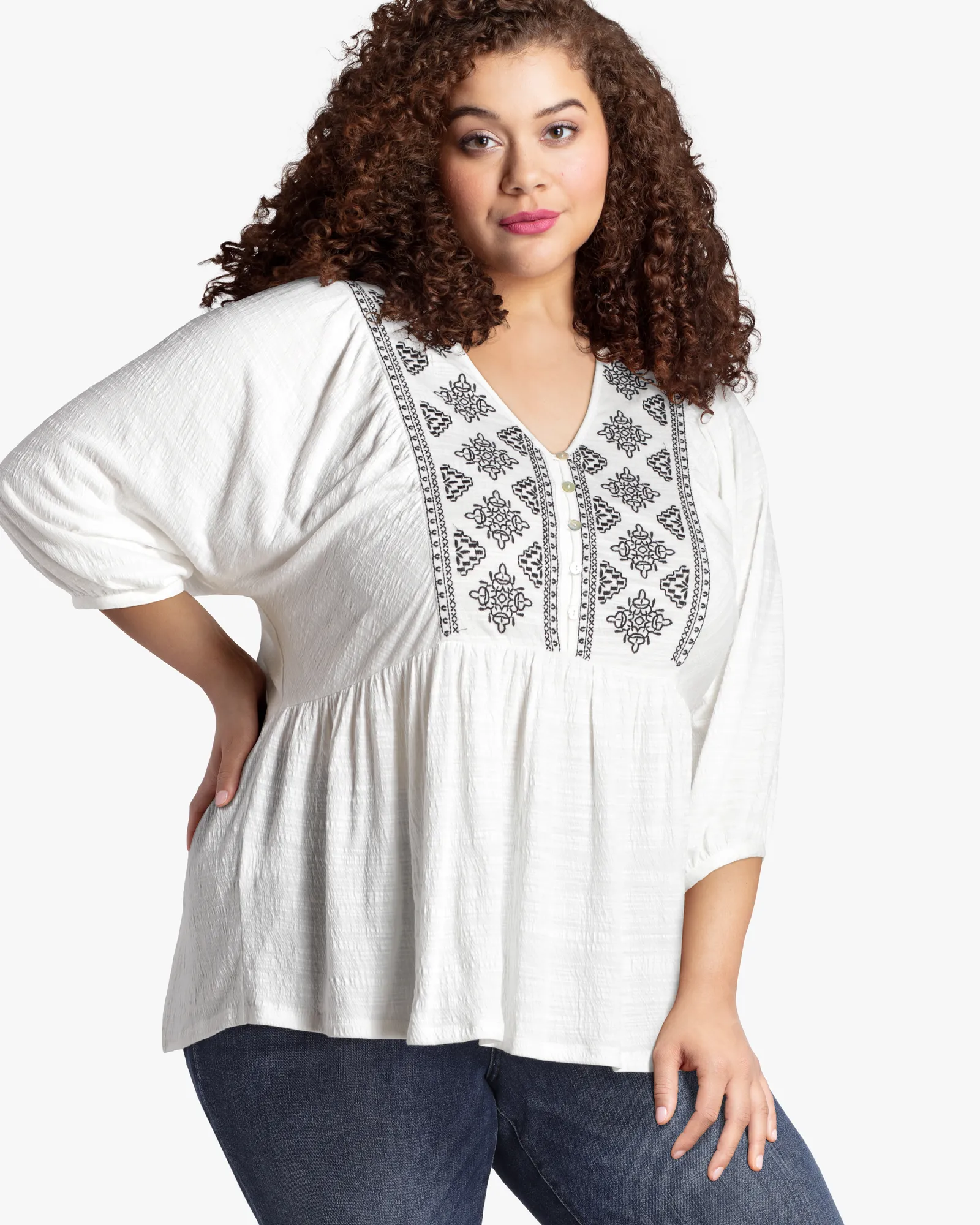 Liza Embroidered Peasant Top | Ivory / Navy