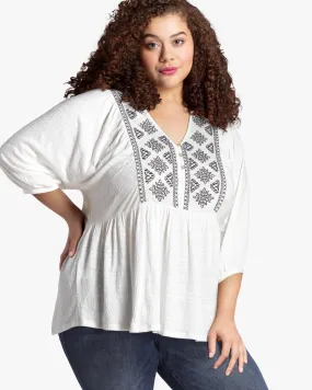 Liza Embroidered Peasant Top | Ivory / Navy