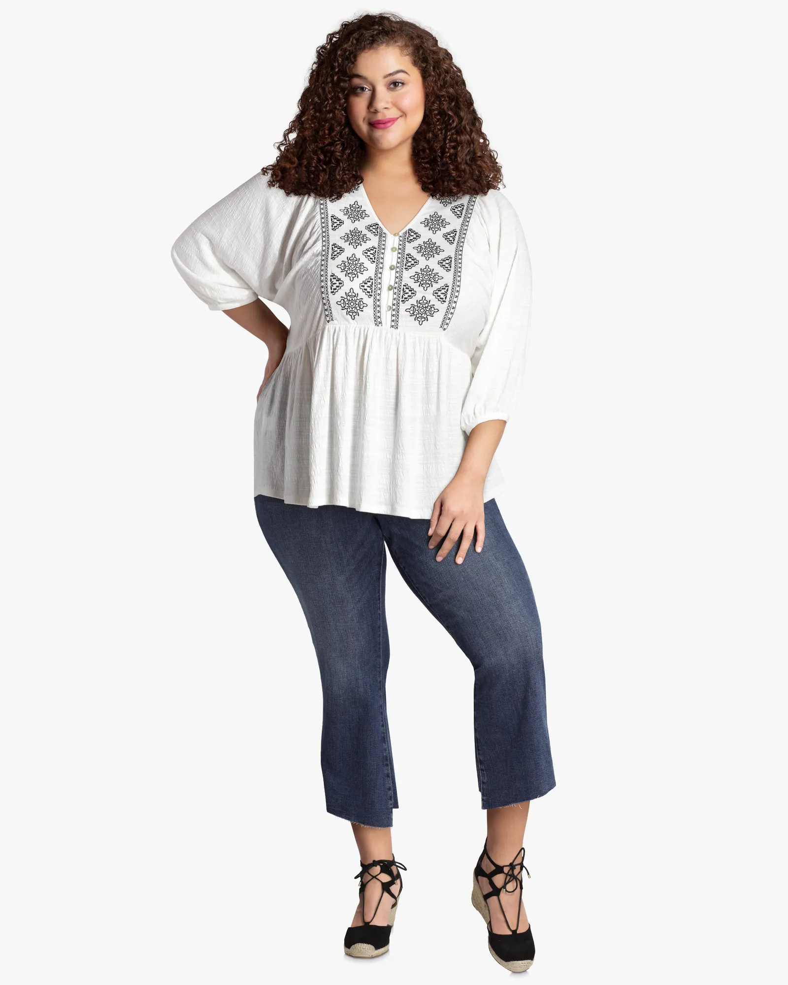 Liza Embroidered Peasant Top | Ivory / Navy